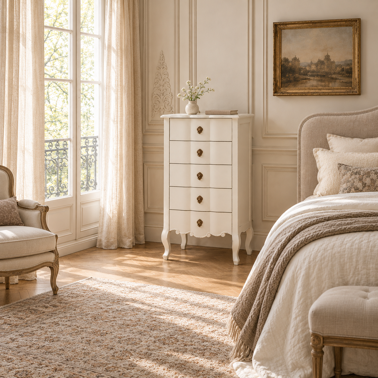 Camille white five-drawer chest of drawers in a bright French-style bedroom with cream walls, curtains and rug.