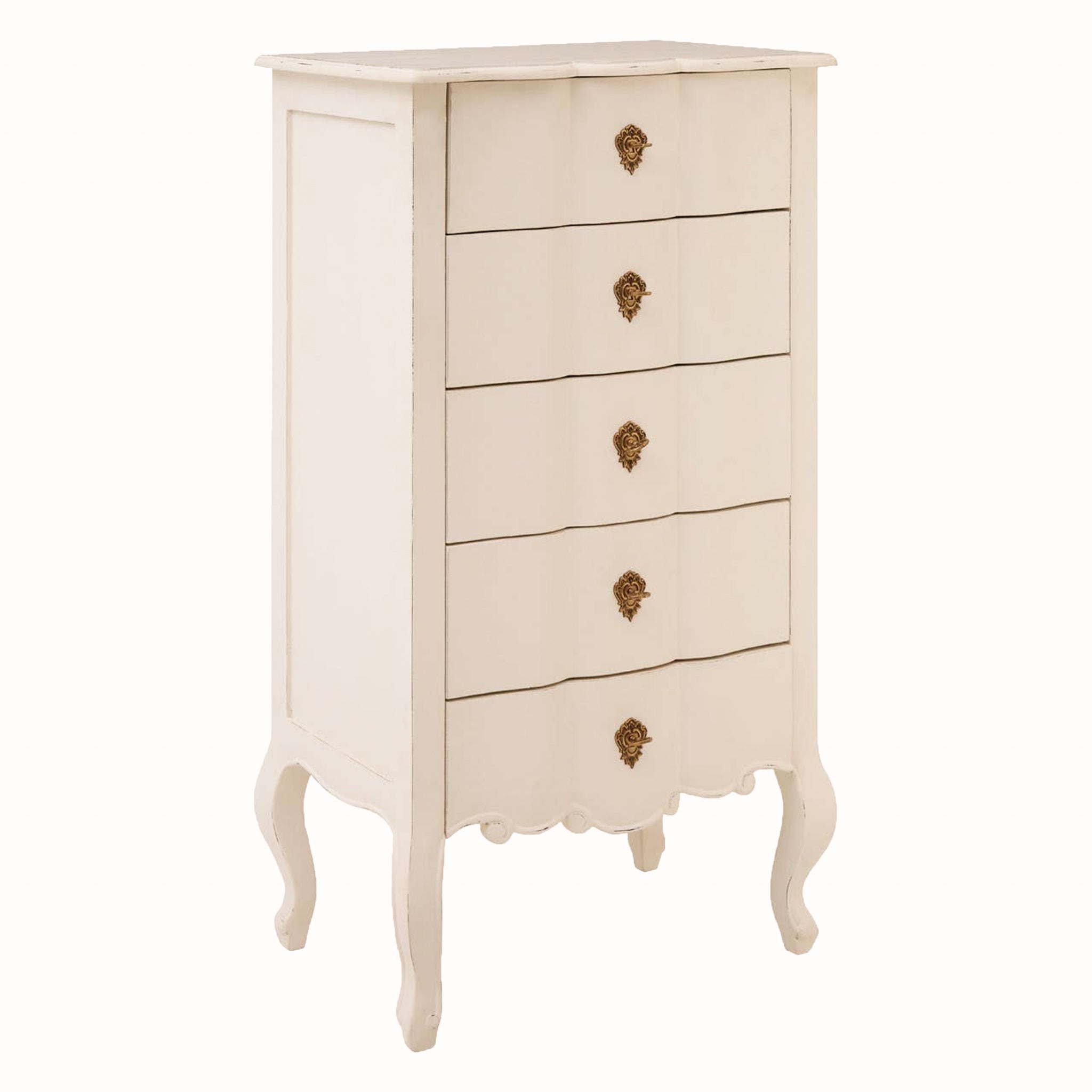 Camille tall white five drawer chest of drawers shown from an angled view, with French-inspired curved legs, shaped drawer fronts and ornate antique brass handles for elegant bedroom storage.