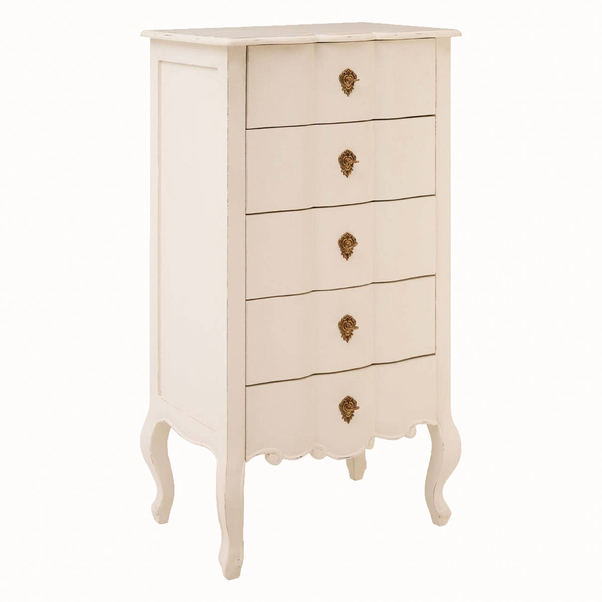 Camille tall white five drawer chest of drawers shown from an angled view, with French-inspired curved legs, shaped drawer fronts and ornate antique brass handles for elegant bedroom storage.
