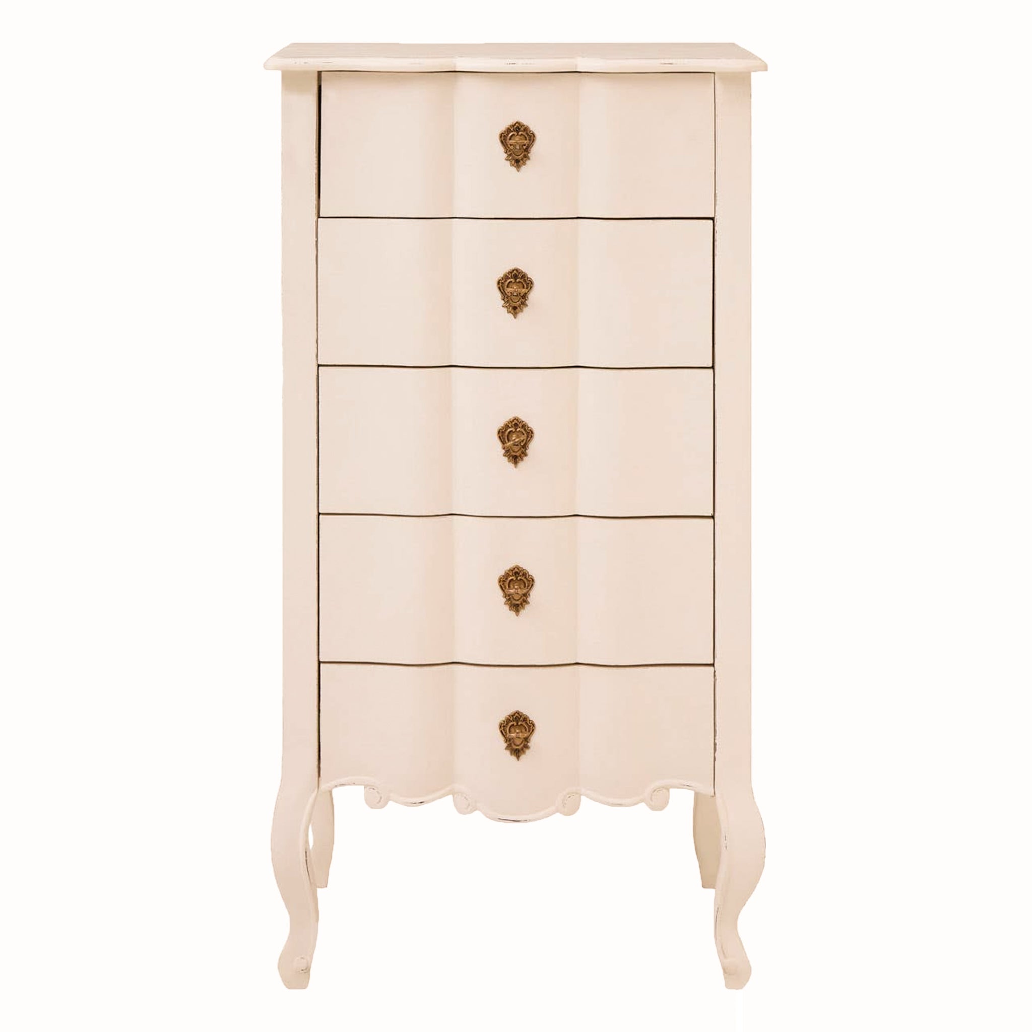 Camille five drawer chest of drawers in a soft white finish, featuring gently shaped drawer fronts, ornate antique brass handles, decorative lower detailing and elegant curved legs.