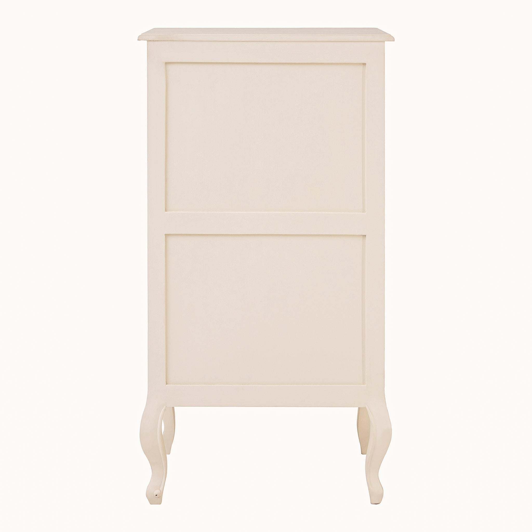 Rear view of the Camille tall white five drawer chest of drawers, showing the clean panelled back, narrow upright proportions, shaped top and French-inspired curved legs.