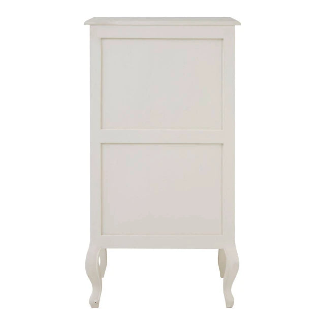 Rear view of Camille white five-drawer chest showing panelled back and curved cabriole legs on white.