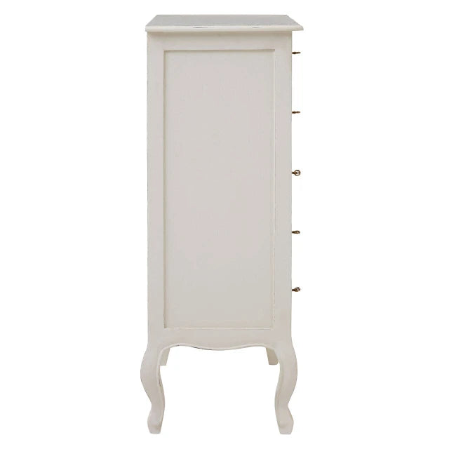 Side view of Camille white five-drawer chest with panelled side and cabriole legs on a plain white background.