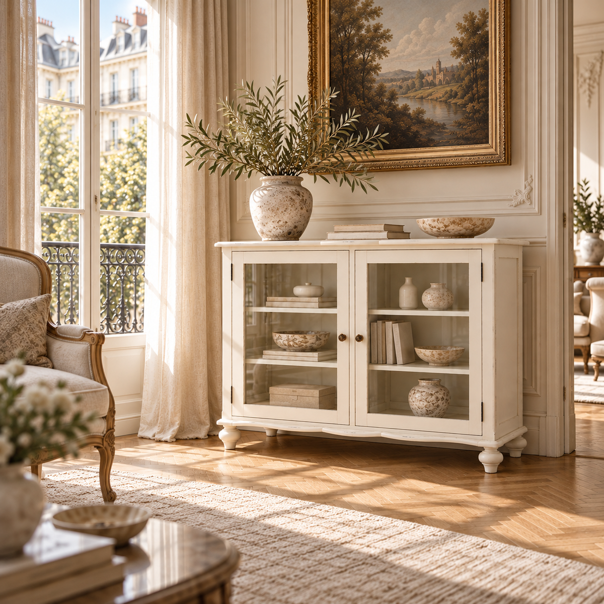 White glass door display cabinet with carved detailing, books and ceramics in a bright French-style living room.