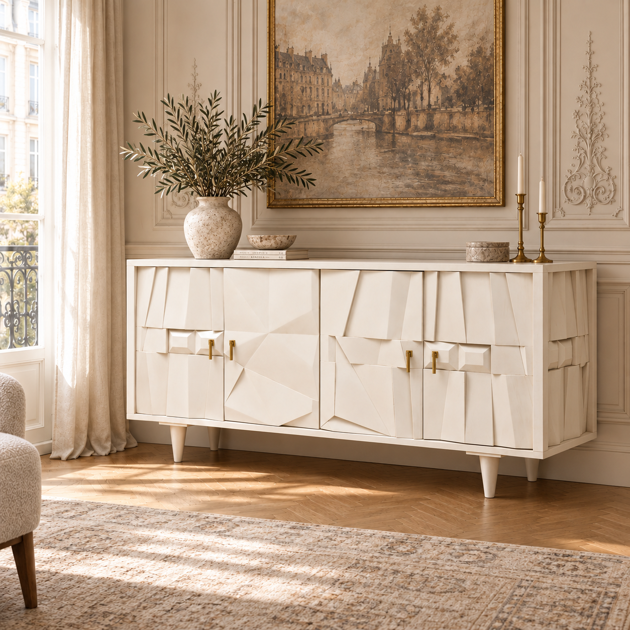 Camille whitewashed mango wood four door sideboard with brass handles in a Parisian room with artwork and rug
