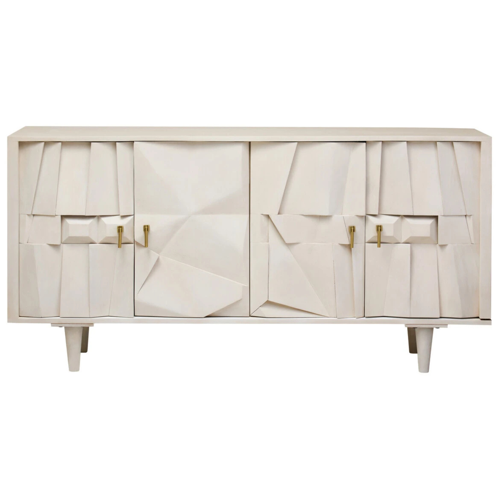 Front view of Camille whitewashed mango wood four door sideboard with geometric panels on a white background