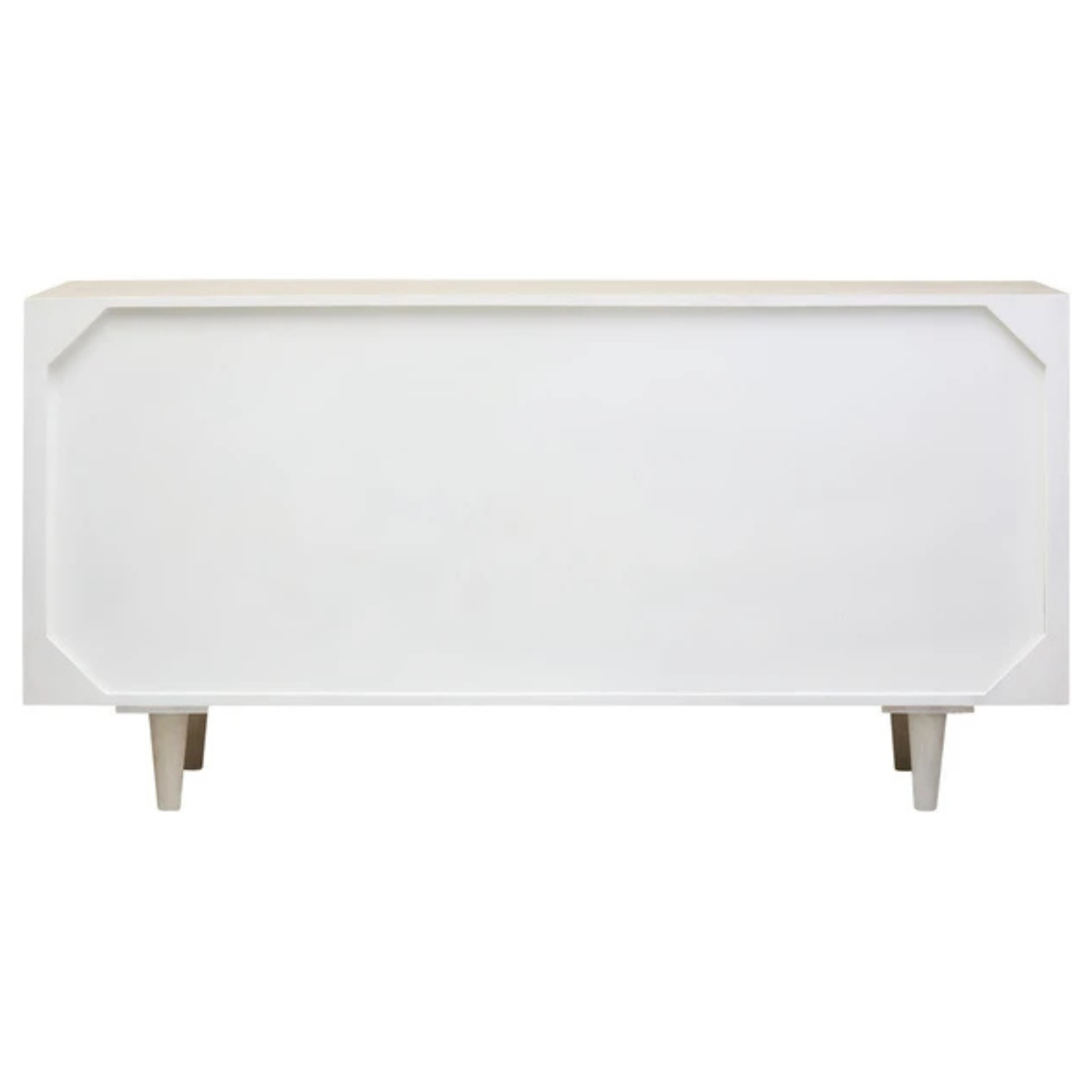 Rear view of Camille whitewashed mango wood four door sideboard with tapered legs on a plain white background