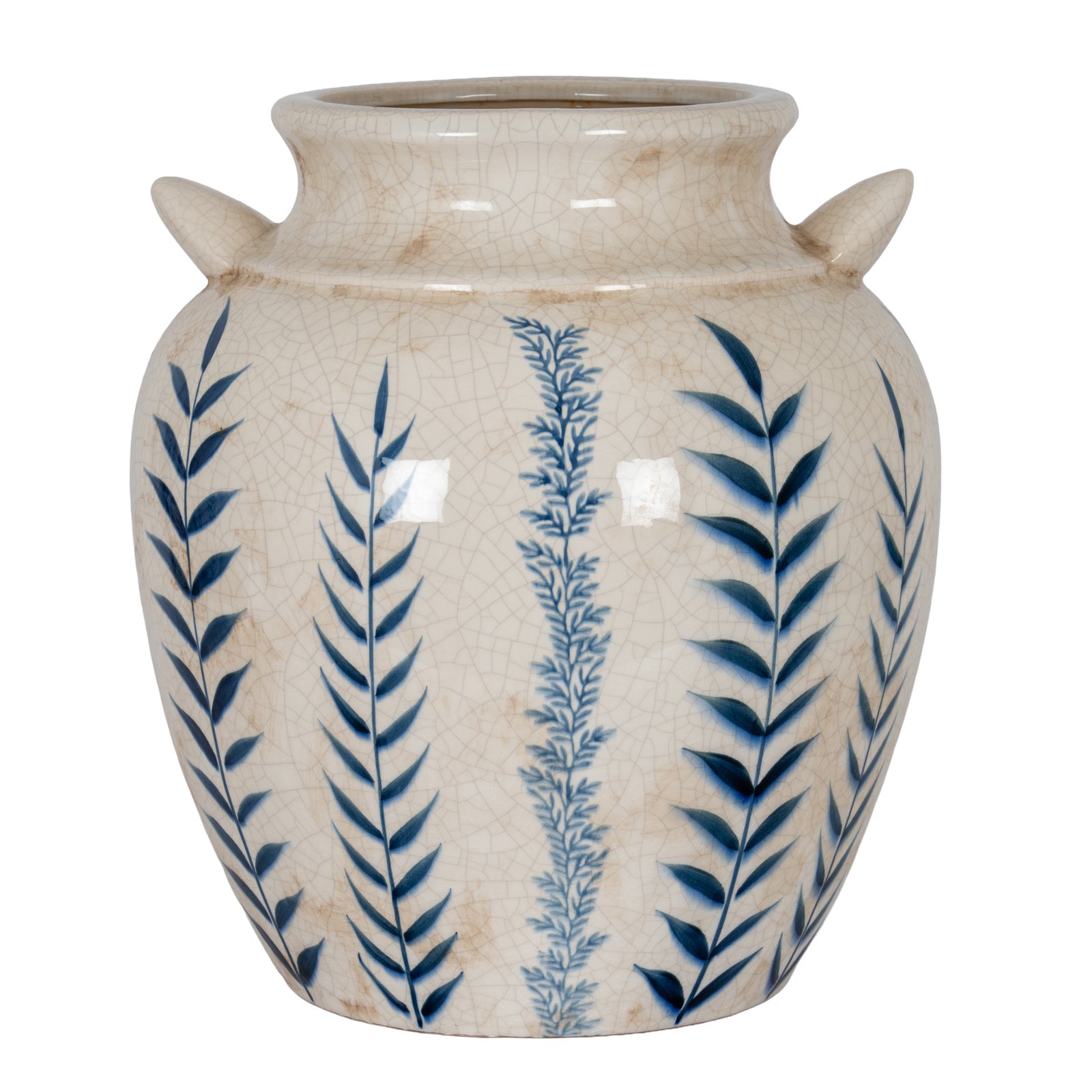 Capucine 34cm blue and white ceramic amphora vase with two handles against a clean white background.