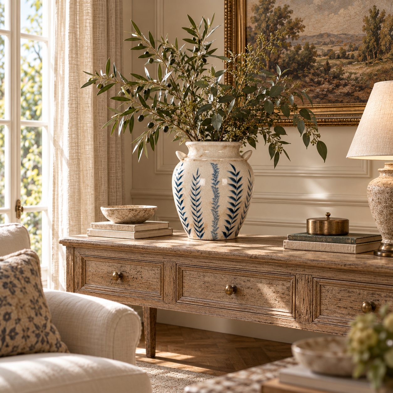Capucine blue and white amphora vase with leafy stems on a wooden console in a bright sunlit living room.