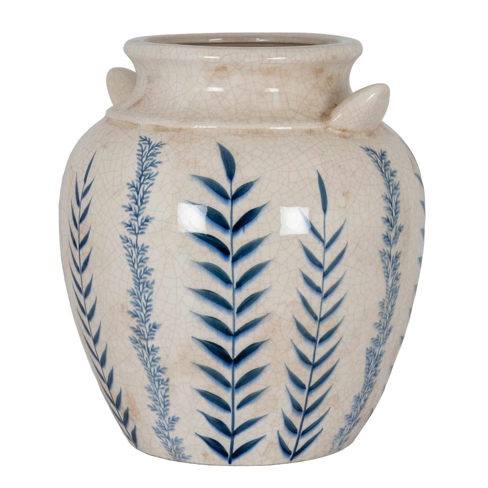 Blue and white ceramic amphora vase with twin handles and botanical pattern on a white background.