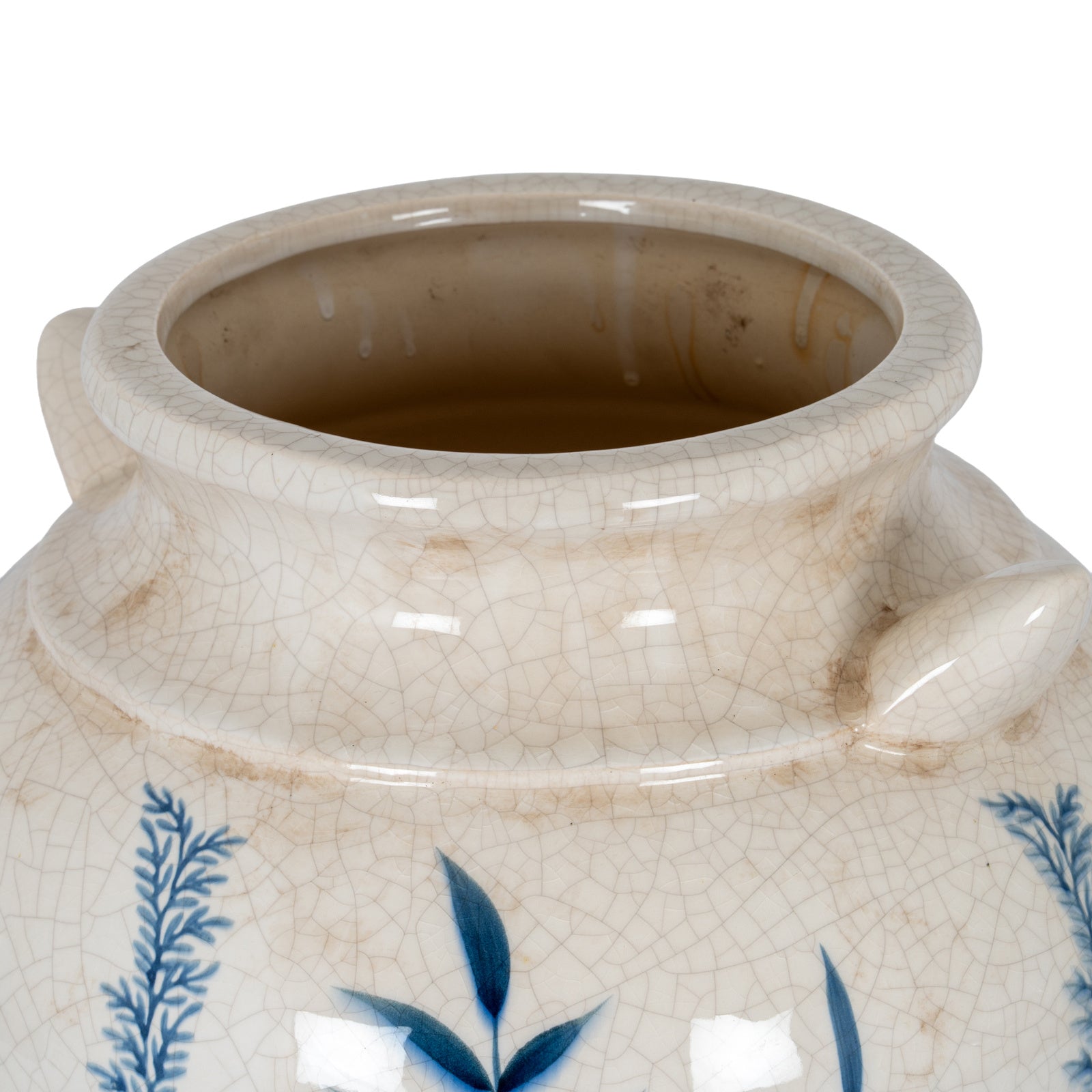 Close-up of Capucine ceramic amphora vase rim, crackle glaze and handle detail on a white background.