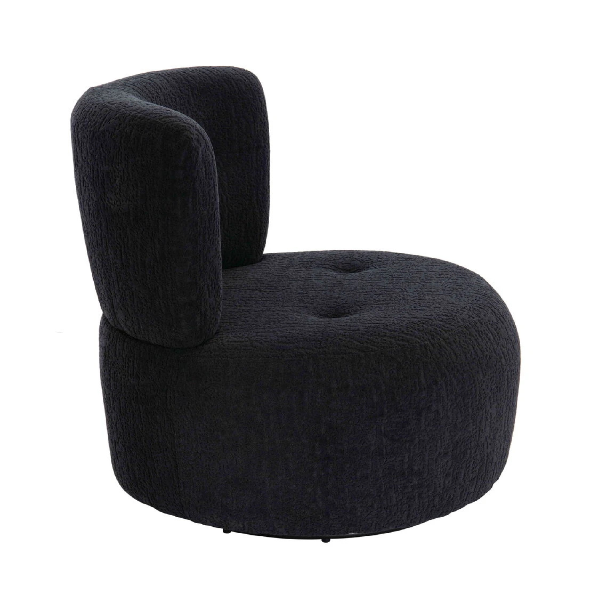 Célestin black textured curved swivel lounge chair side view on a plain white background.