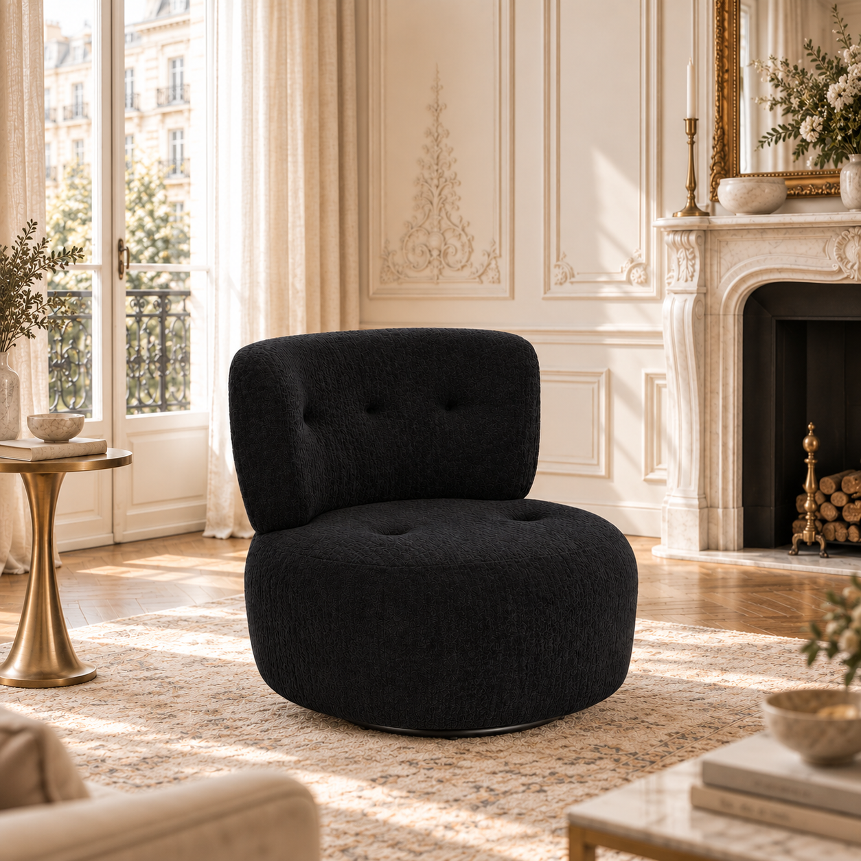Célestin black textured curved swivel lounge chair in an elegant living room with fireplace, rug and tall windows.