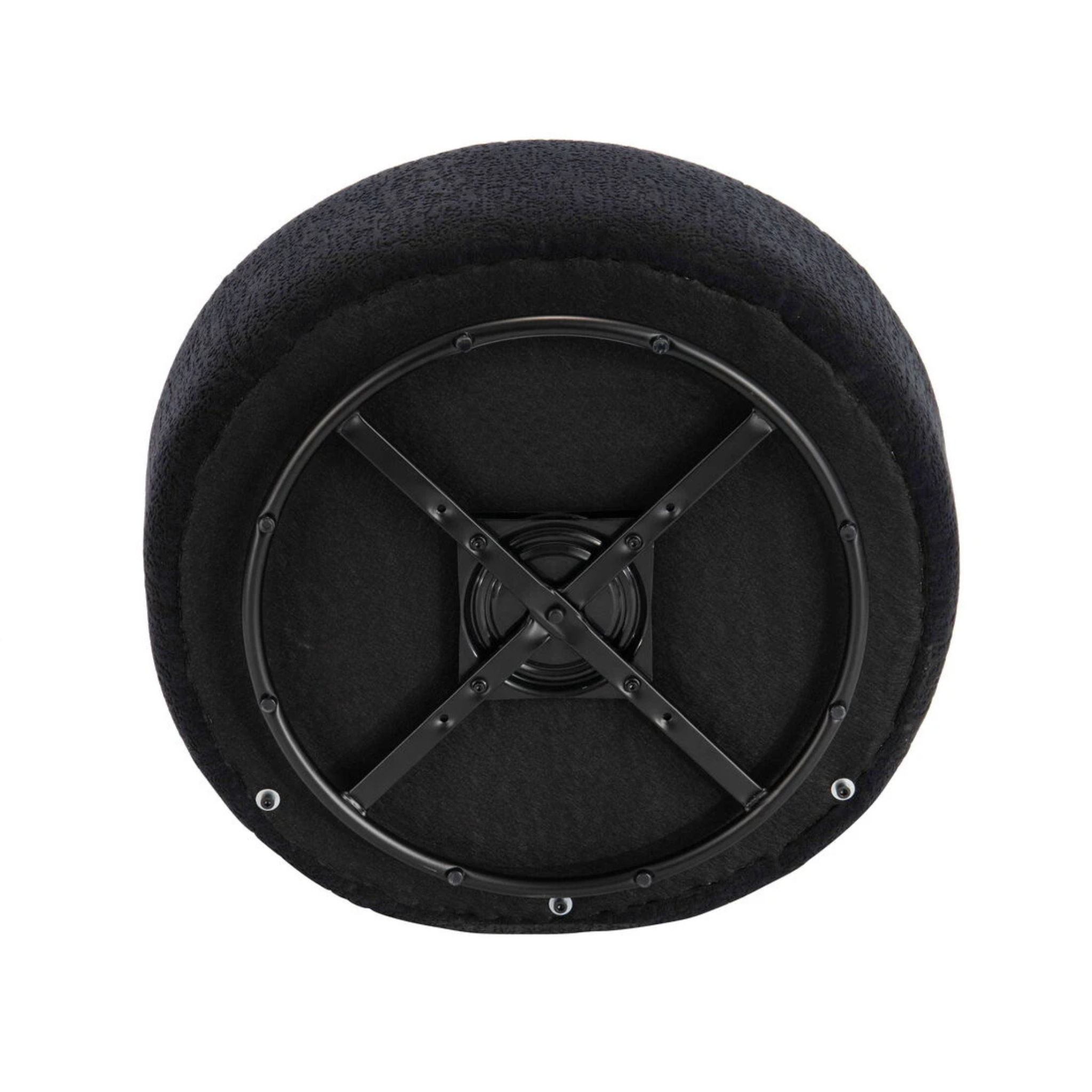 Underside of Célestin black textured curved swivel lounge chair with black metal swivel base on a white background.