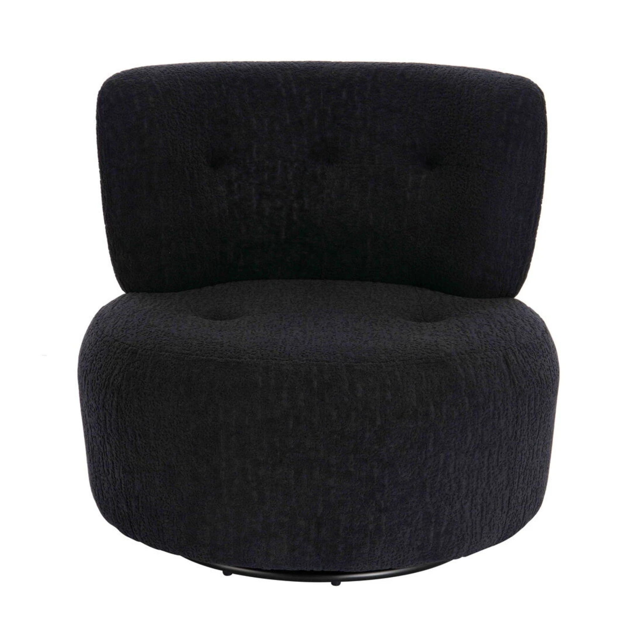 Célestin black textured curved swivel lounge chair front view on a plain white background.