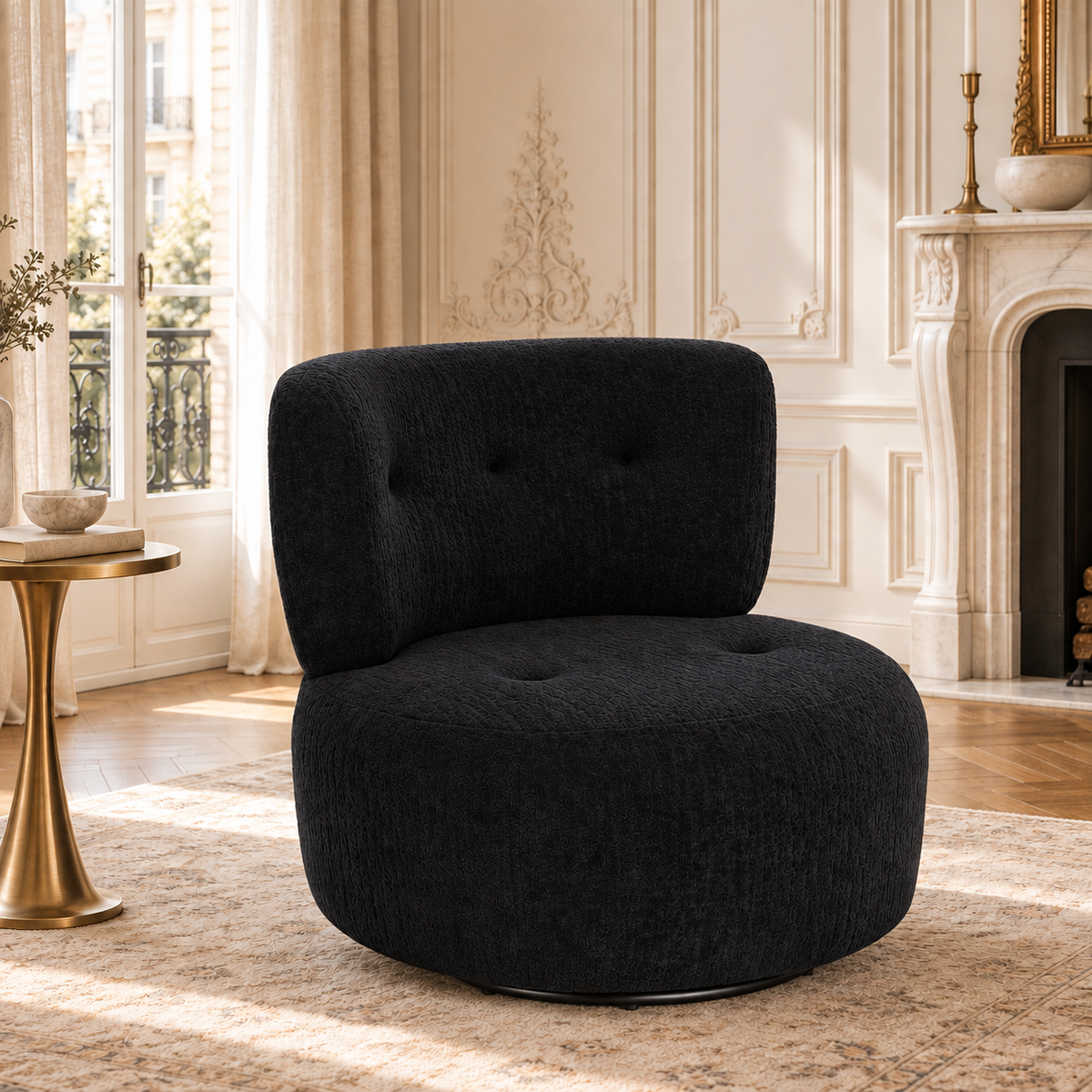 Célestin black textured curved swivel lounge chair in a sunlit Parisian living room with fireplace and cream walls.