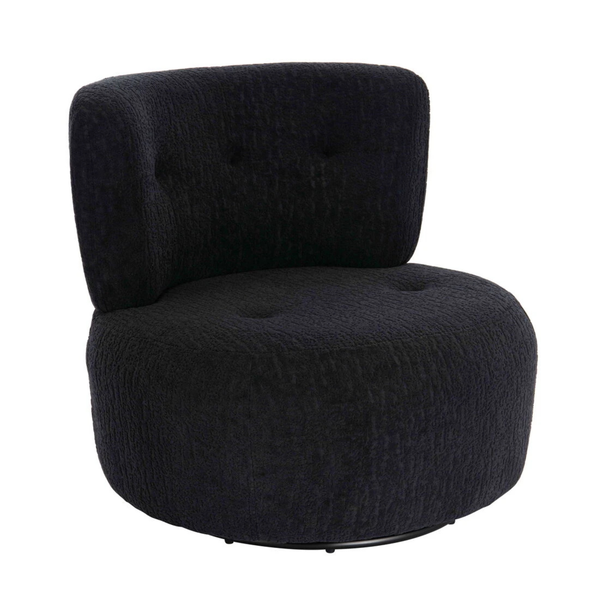 Célestin black textured curved swivel lounge chair angled view on a plain white background.