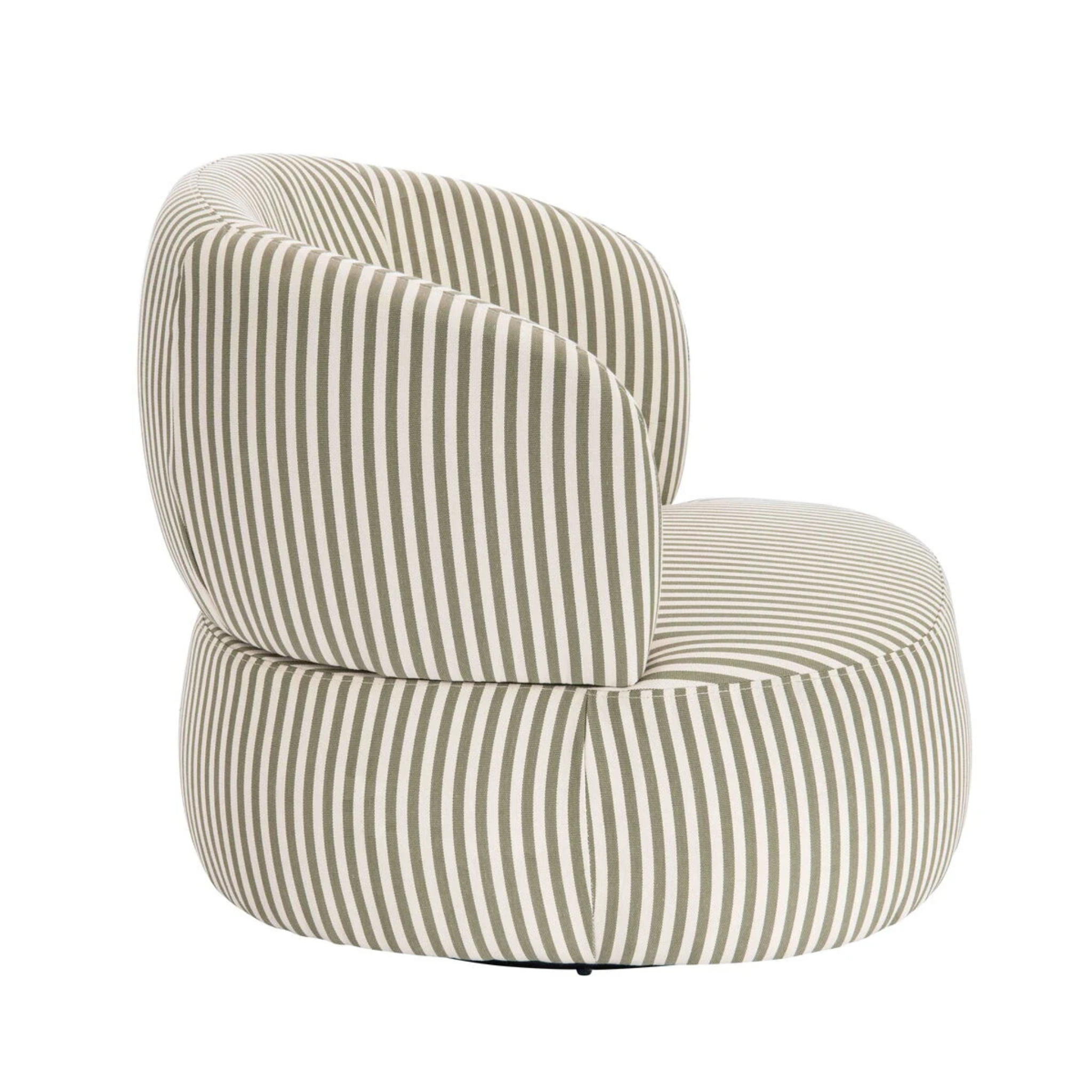 Célestin olive green and white striped swivel lounge chair, rear angled view showing curved back on a white background.