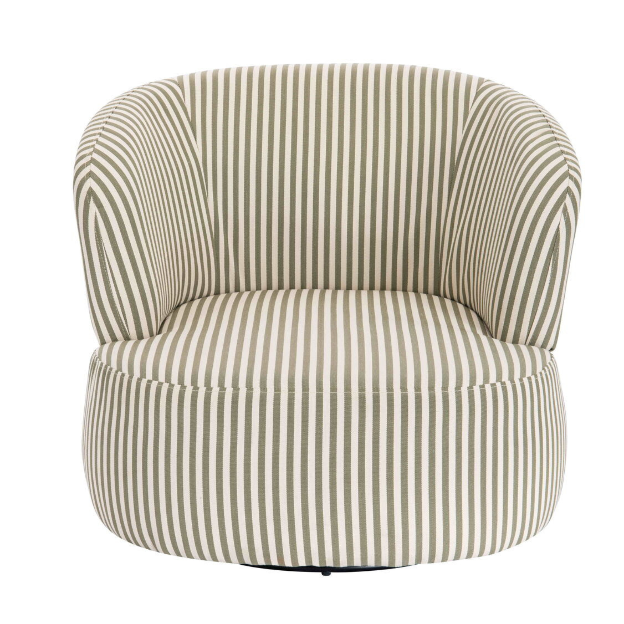 Célestin olive green and white striped swivel lounge chair, front view showing curved back and seat on a white background.