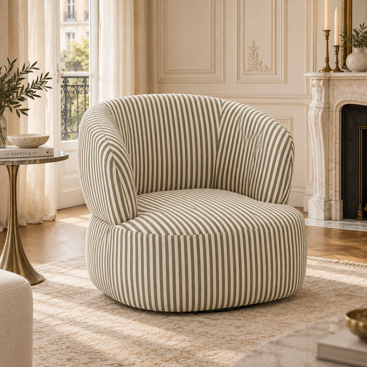 Célestin olive green and white striped swivel lounge chair in a sunlit Parisian room with fireplace, rug and side table.