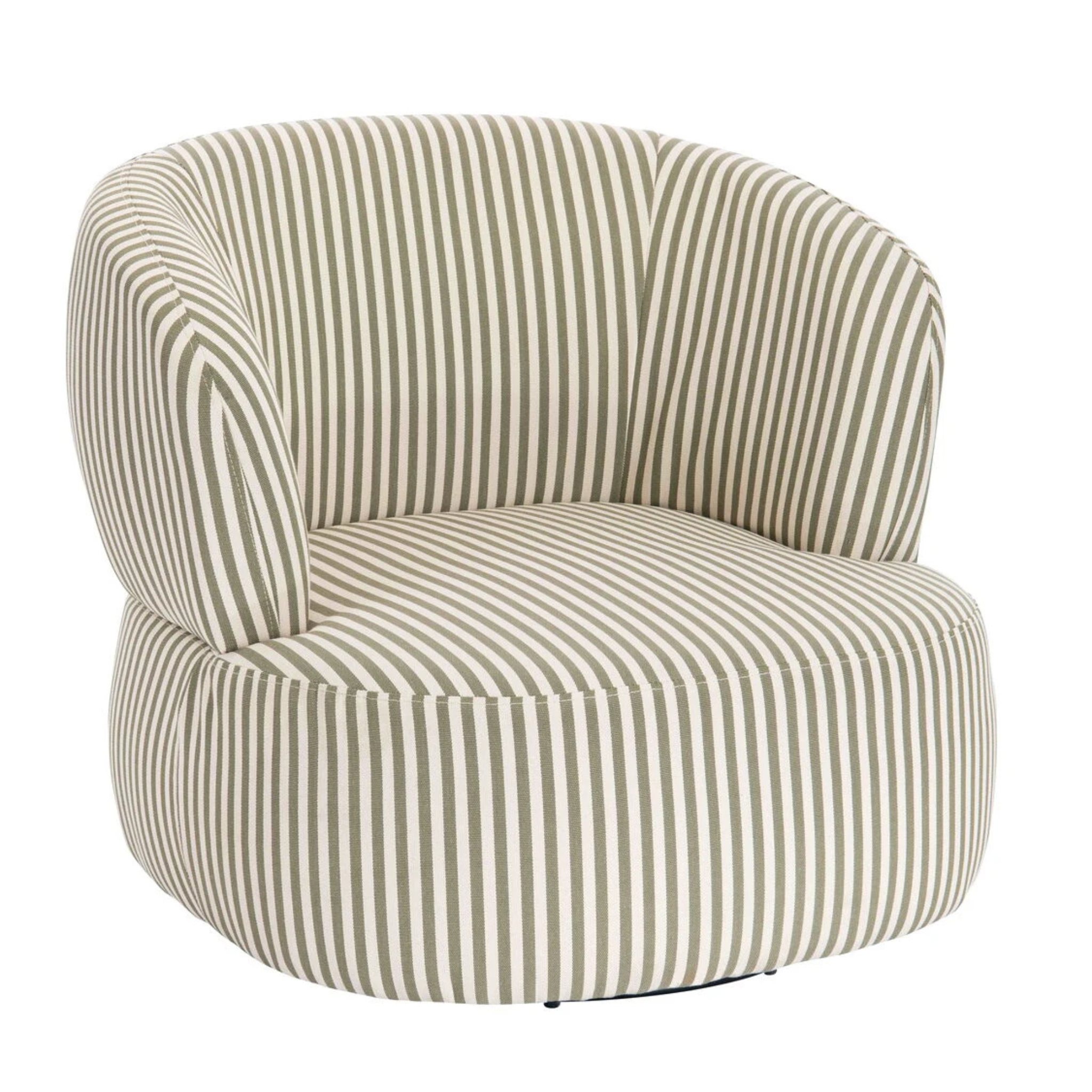 Célestin olive green and white striped curved swivel lounge chair, angled front view on a clean white background.
