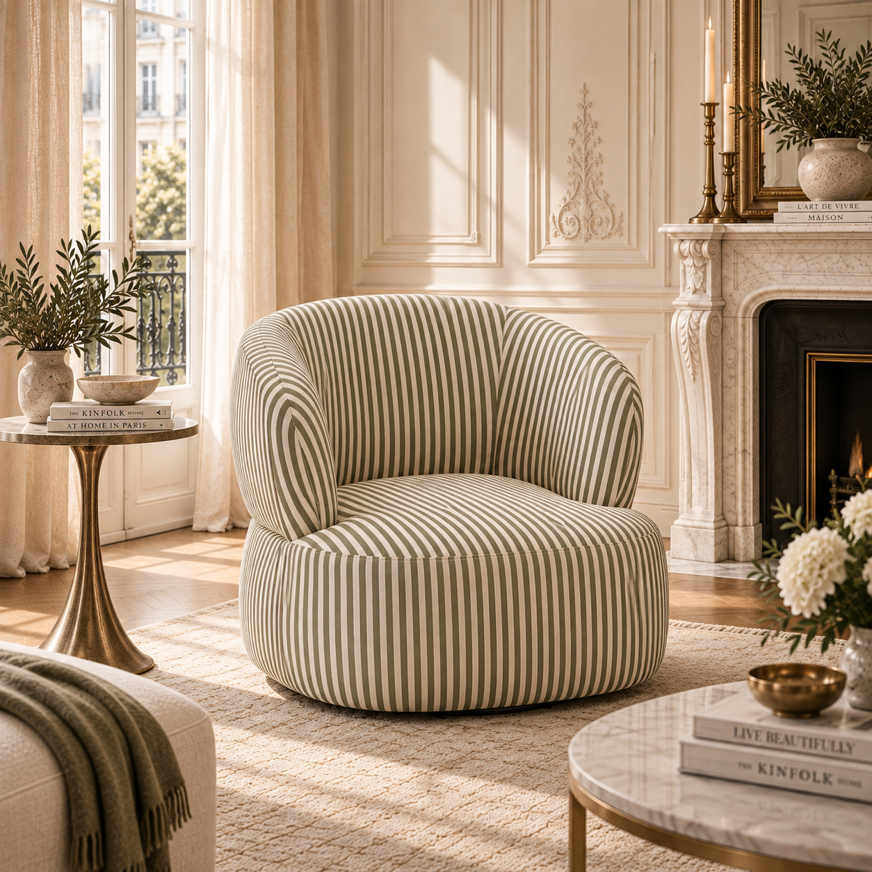 Célestin striped curved swivel lounge chair in a Parisian living room with marble fireplace, window, rug and brass table.