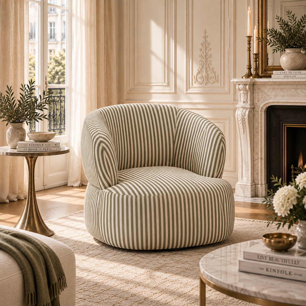 Célestin striped curved swivel lounge chair in a Parisian living room with marble fireplace, window, rug and brass table.