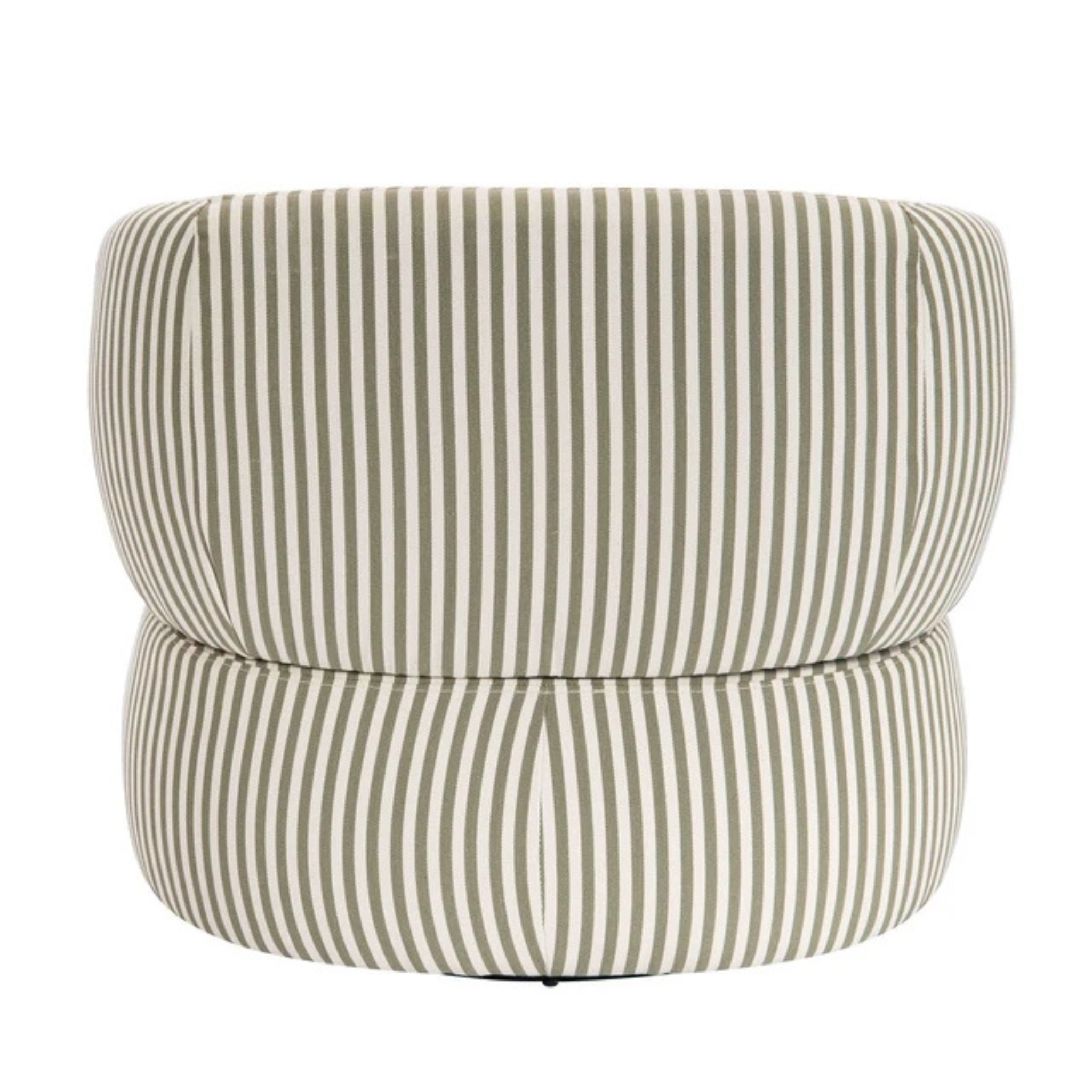 Célestin olive green and white striped curved swivel lounge chair, rear view showing rounded upholstery on a white background.