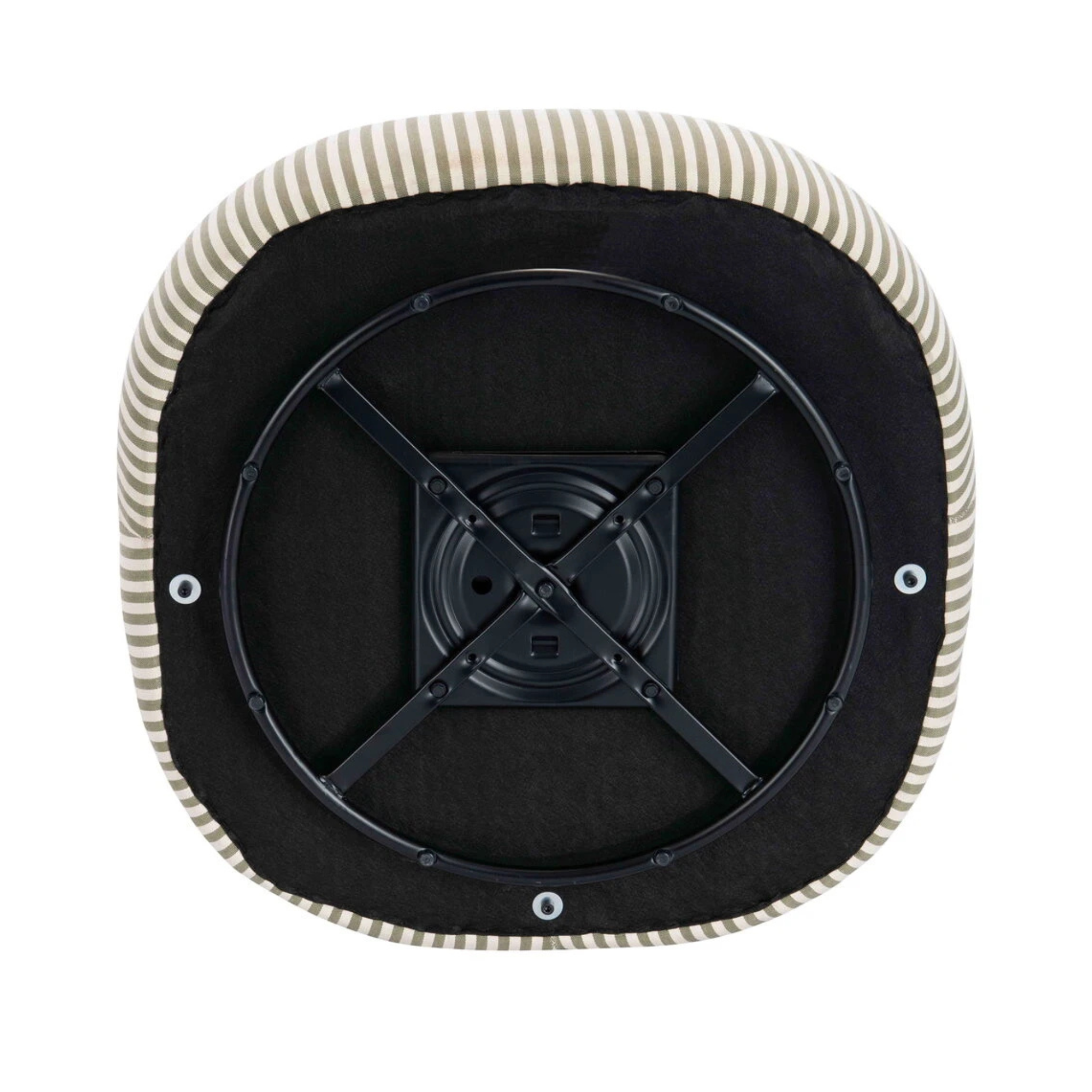 Célestin striped swivel lounge chair underside showing black metal swivel base and upholstered frame on a white background.