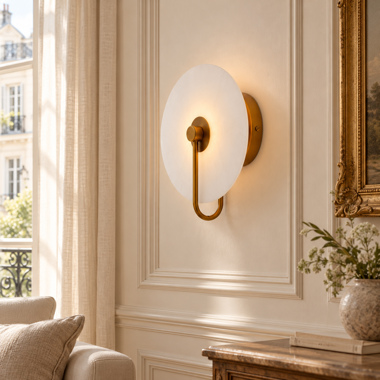 Clovis 29cm white marble LED wall light with gold backplate on a cream panelled wall in a Parisian room.