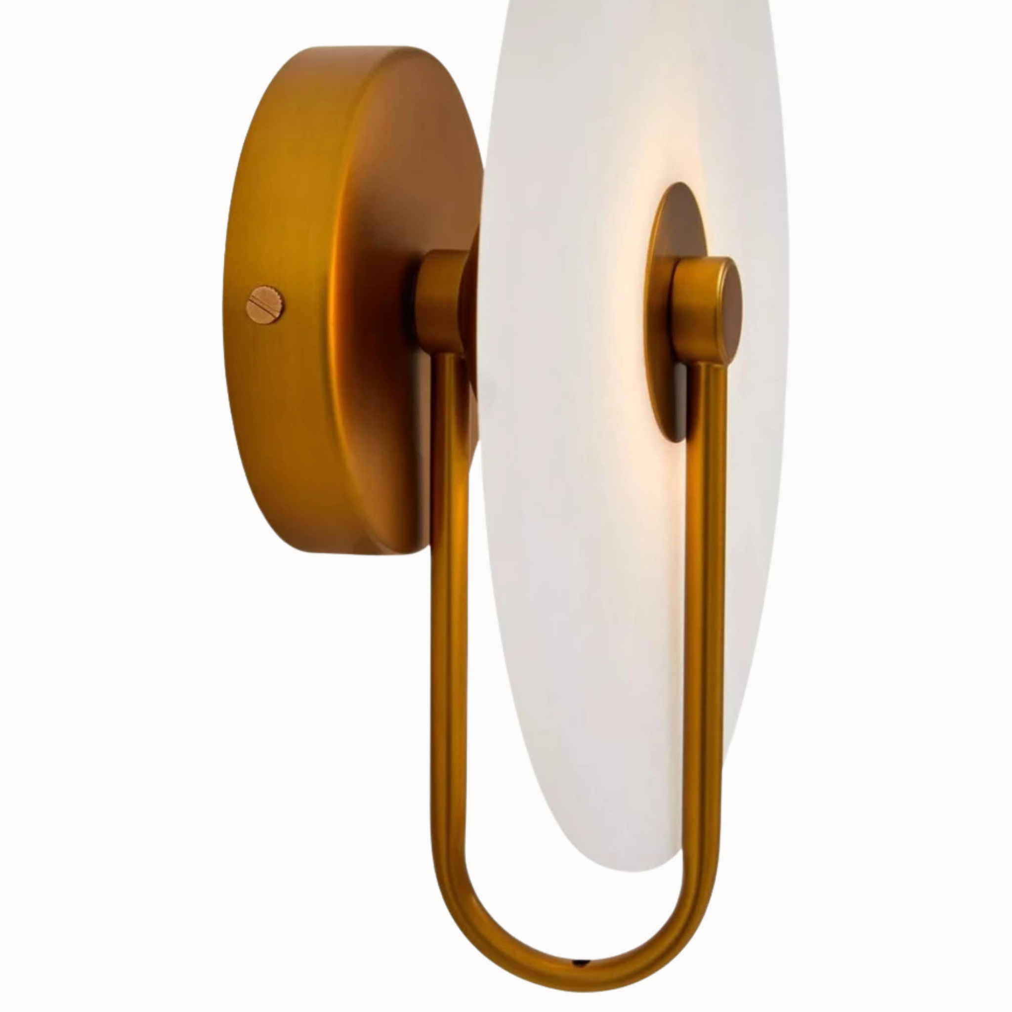 Side view of Clovis LED wall light with white marble disc, gold backplate and curved arm on a white background.