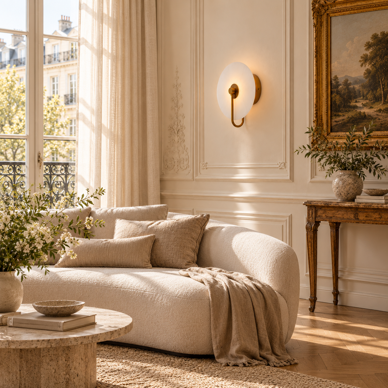 White marble LED wall light with gold backplate above a cream sofa in a sunlit Parisian-style living room.
