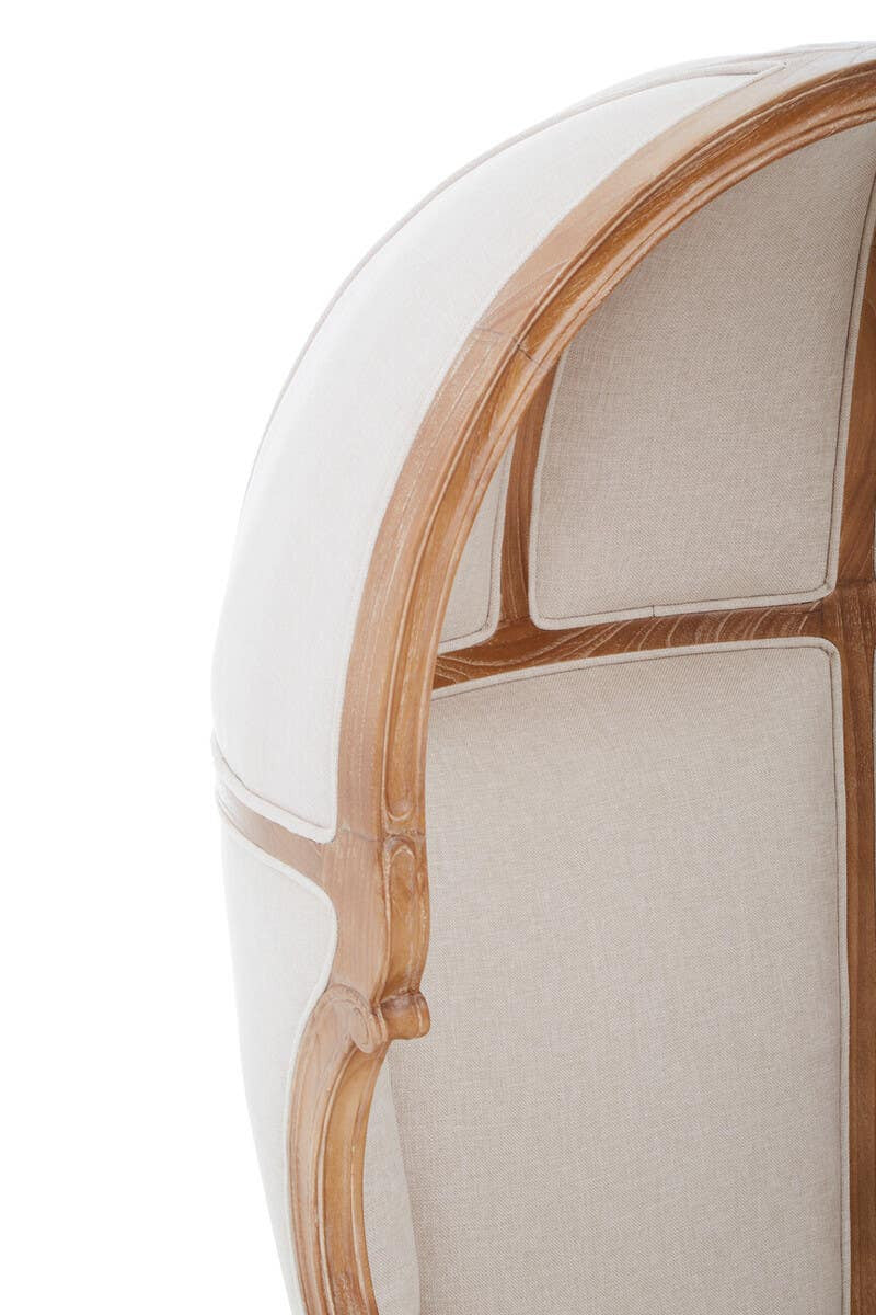 Close-up of the Colette Cream Dome Accent Chair with Canopy Back & Cabriole Legs highlighting the upholstered rear panels, curved dome canopy frame and beautifully carved solid wood detailing.