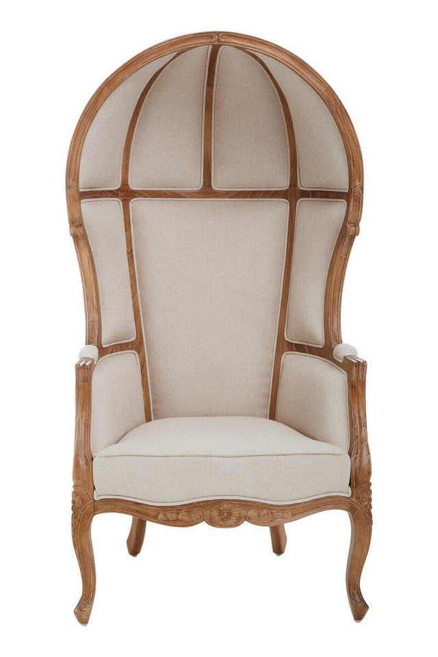 Front view of the Colette Cream Dome Accent Chair with Canopy Back & Cabriole Legs featuring a tall upholstered dome back, supportive cushioned seat, carved wooden frame and elegant French-inspired cabriole legs.