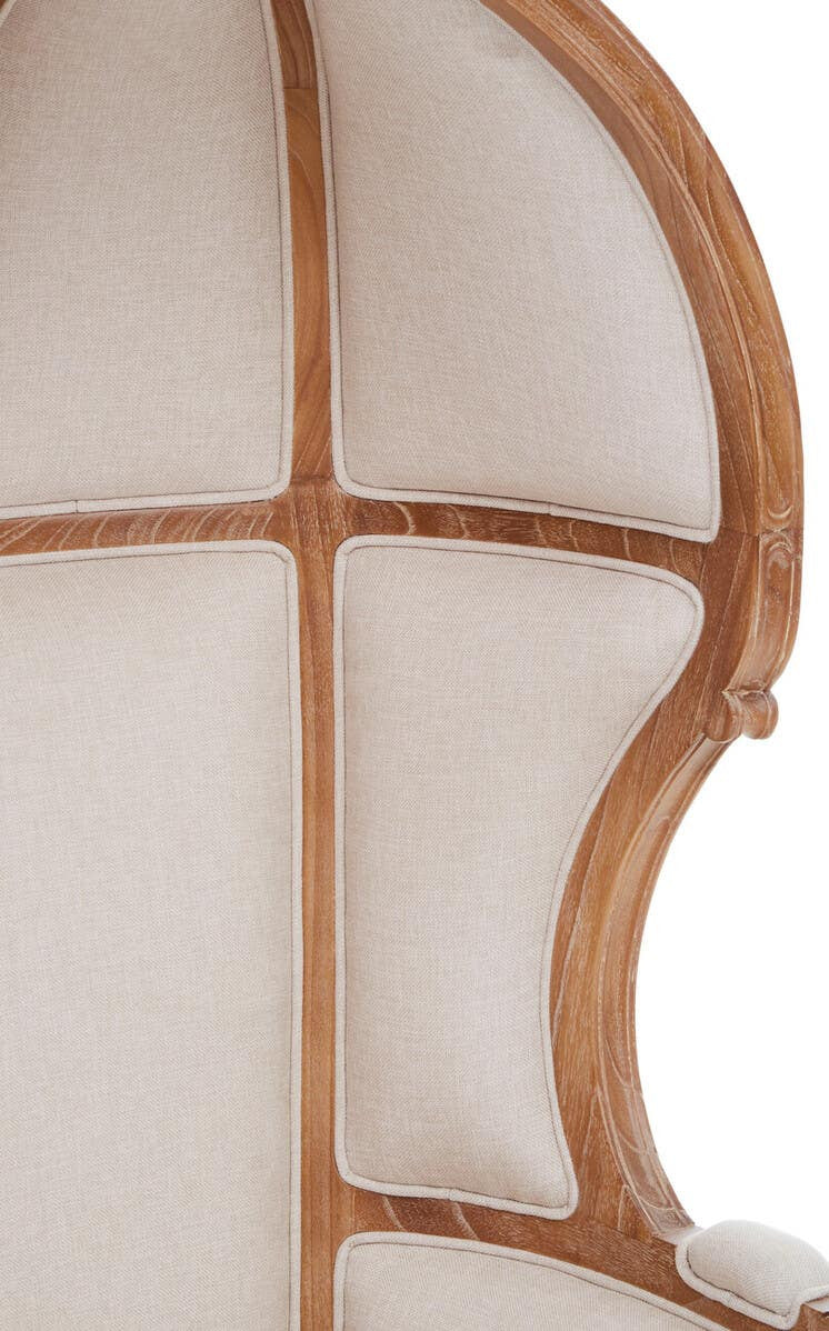 Detailed view of the Colette Cream Dome Accent Chair with Canopy Back & Cabriole Legs showcasing the upholstered cream fabric panels, sculptural dome back construction and handcrafted wooden frame.
