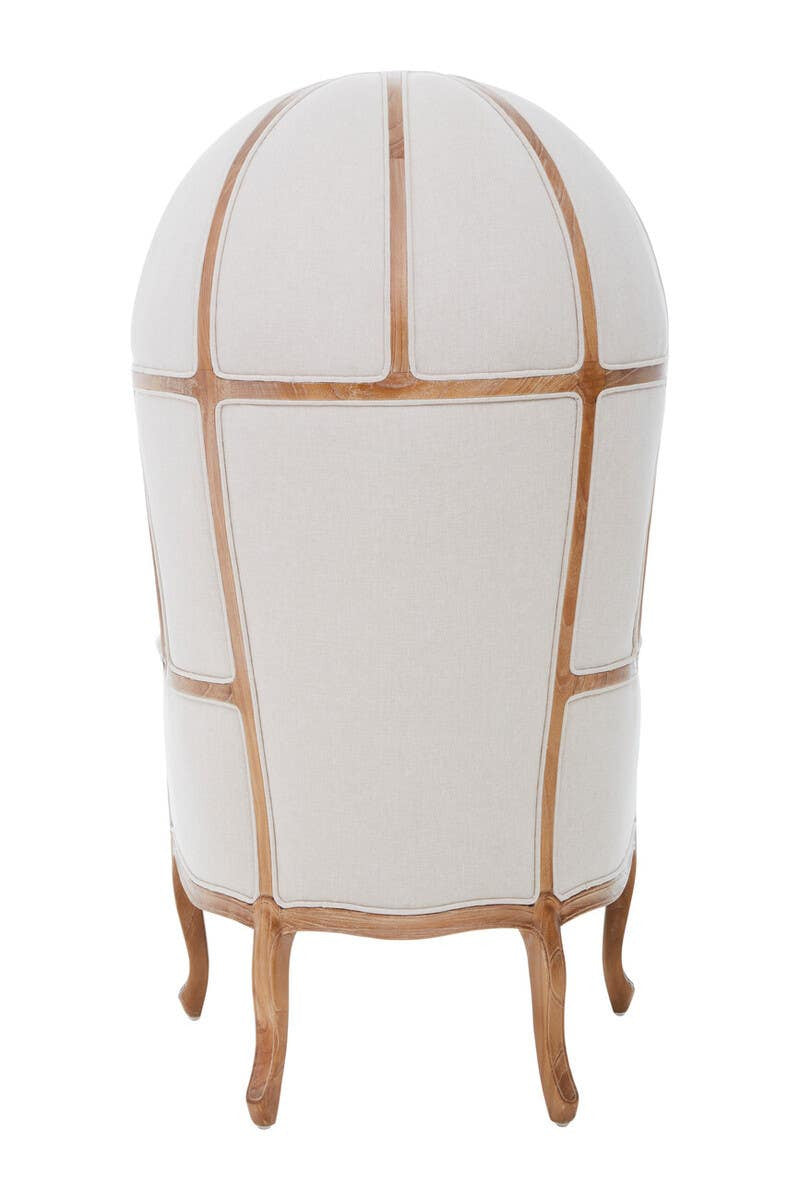 Rear view of the Colette Cream Dome Accent Chair with Canopy Back & Cabriole Legs displaying the fully upholstered canopy back, exposed carved wooden framework and graceful cabriole legs.