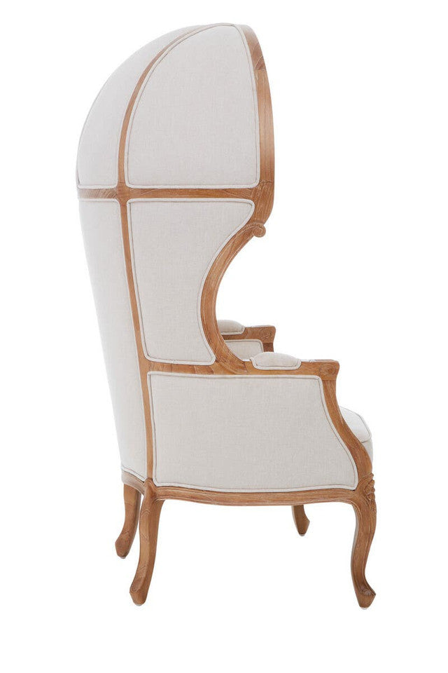 Side profile of the Colette Cream Dome Accent Chair with Canopy Back & Cabriole Legs showcasing the curved dome canopy back, upholstered cream fabric, carved wooden frame and elegant French-inspired silhouette.