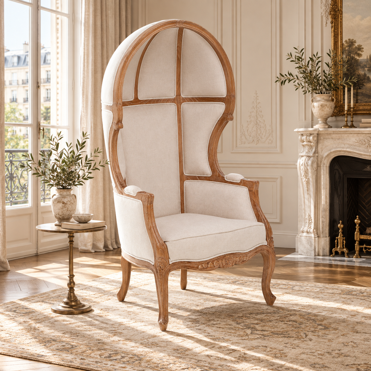 Colette cream dome accent chair with canopy back and cabriole legs in a sunlit French living room with fireplace