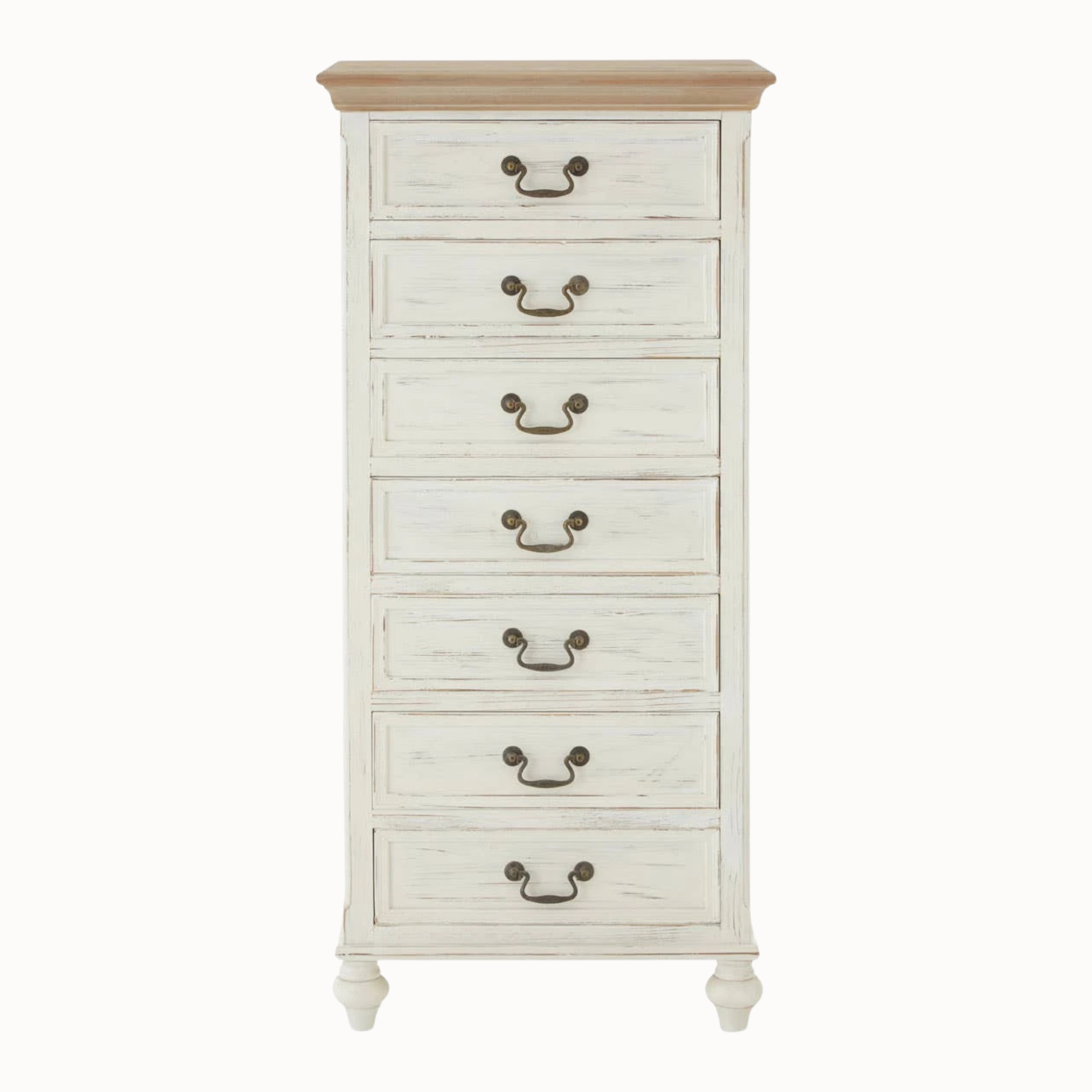 Coralie 128cm tallboy chest with 7 washed ivory drawers, natural wood top and metal handles on a white background.