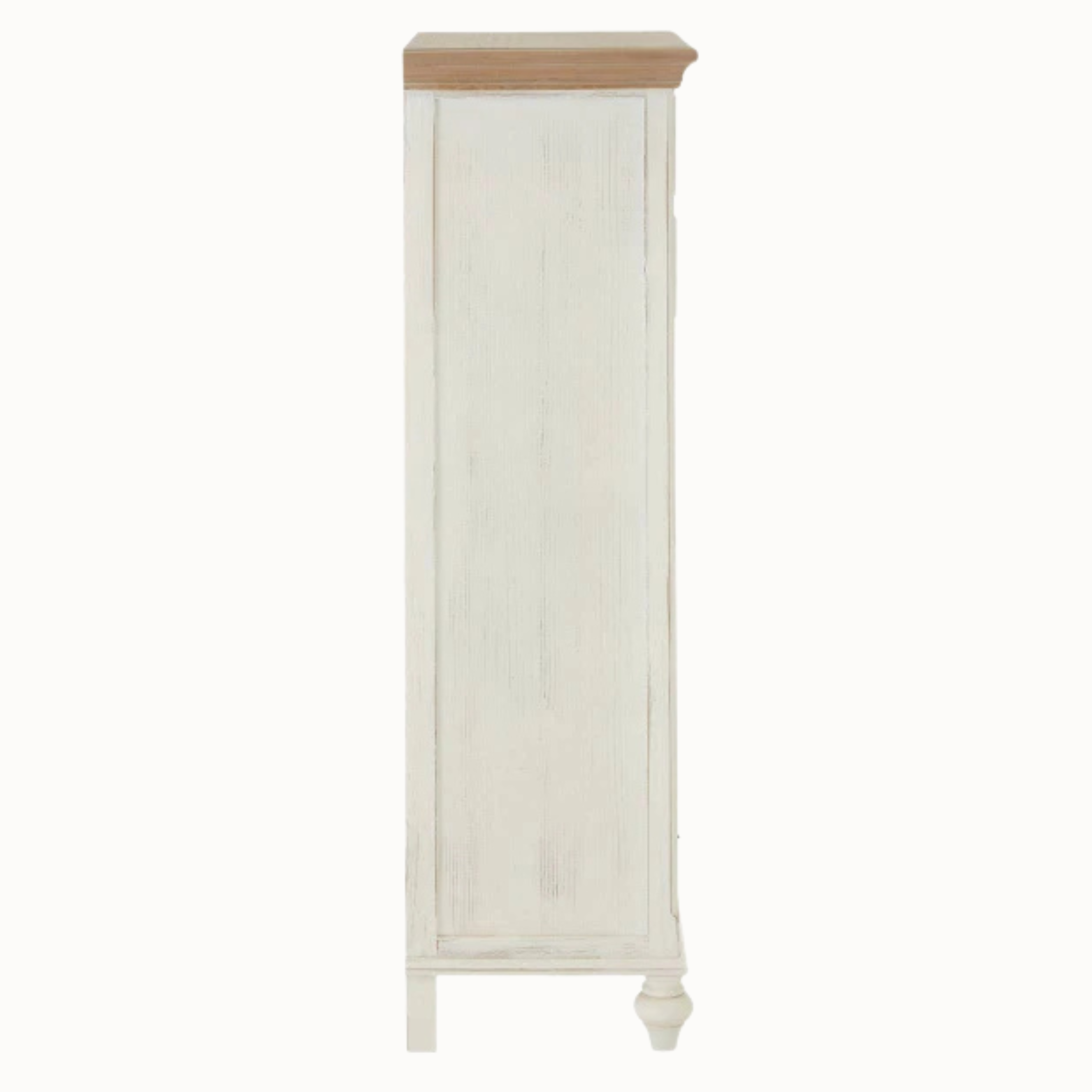 Side view of Coralie 128cm washed ivory tallboy with natural wood top and turned feet on a plain white background.