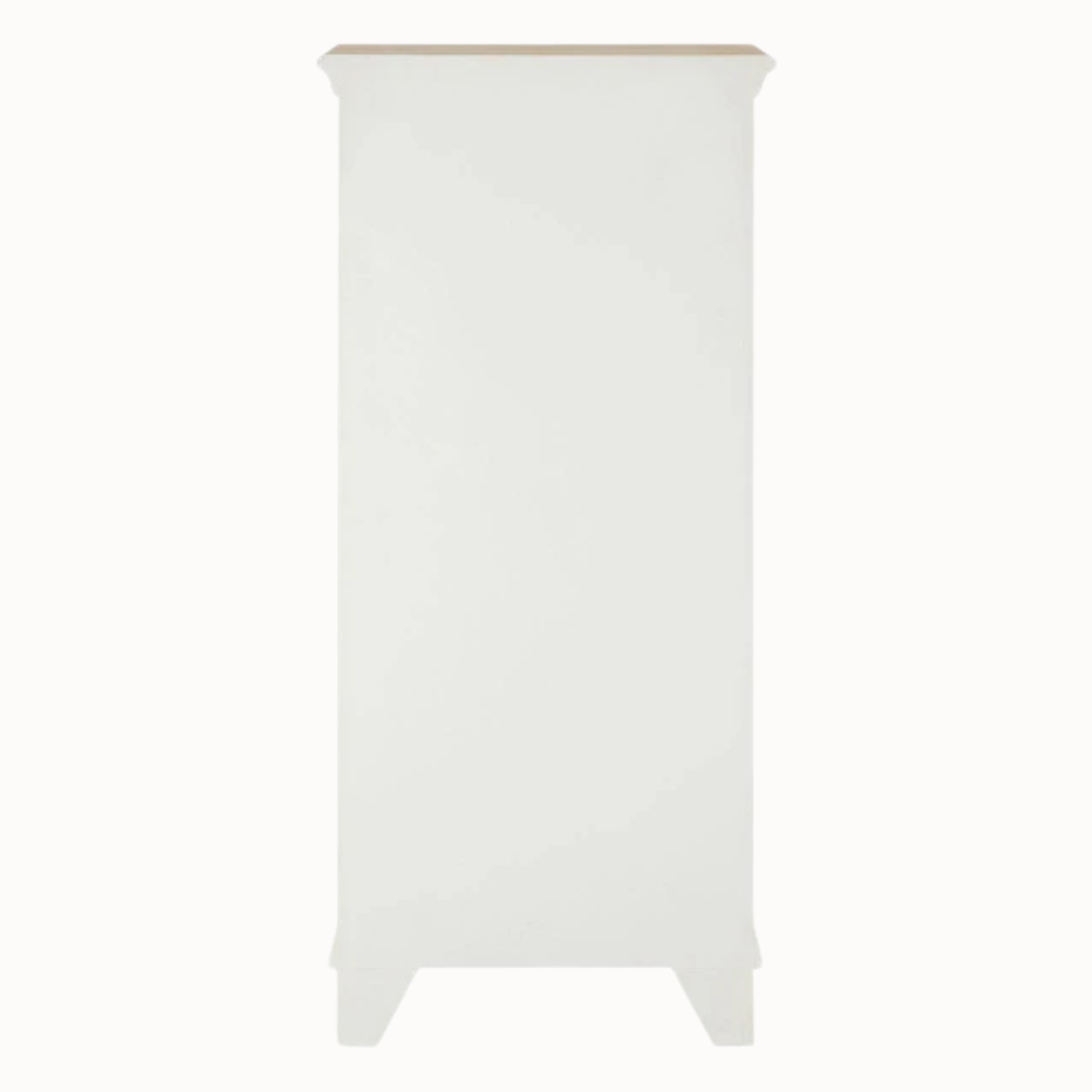 Rear view of Coralie 128cm washed ivory tallboy with natural wood top and raised feet against a plain white background.