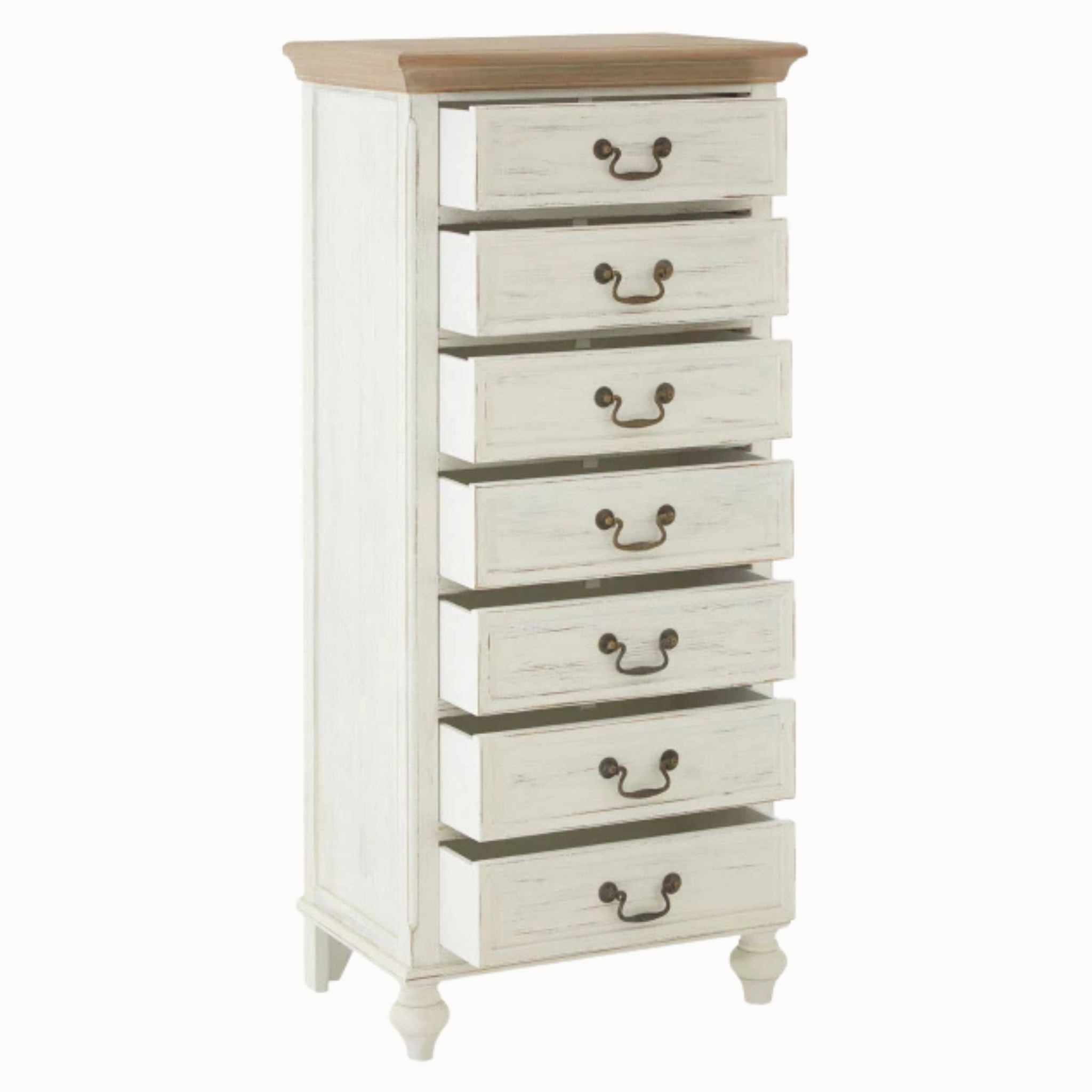 Coralie washed ivory 7 drawer tallboy shown with drawers open, natural wood top and metal handles on a white background.