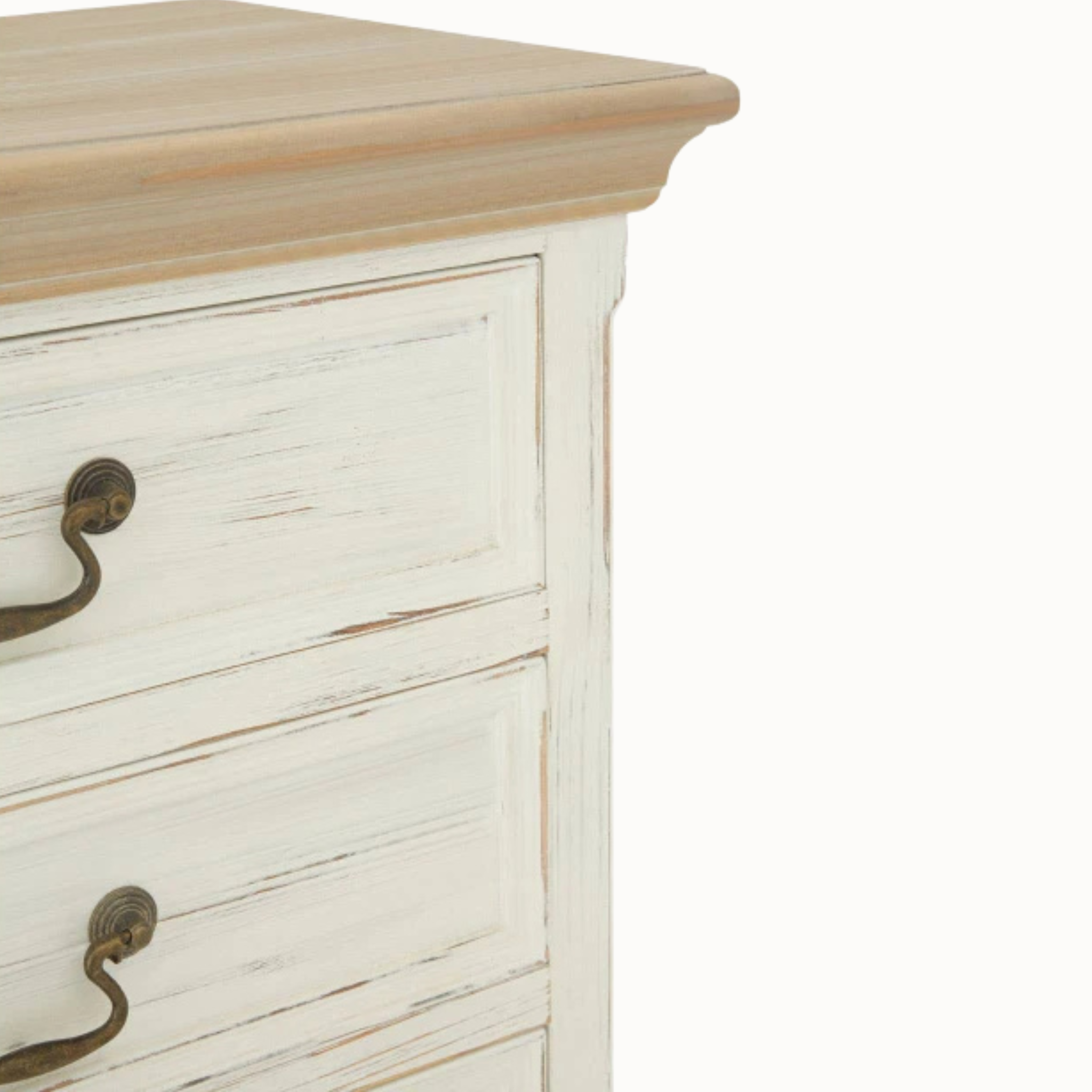 Close-up of Coralie tallboy natural wood top, washed ivory drawer fronts and antique metal handles on white background.