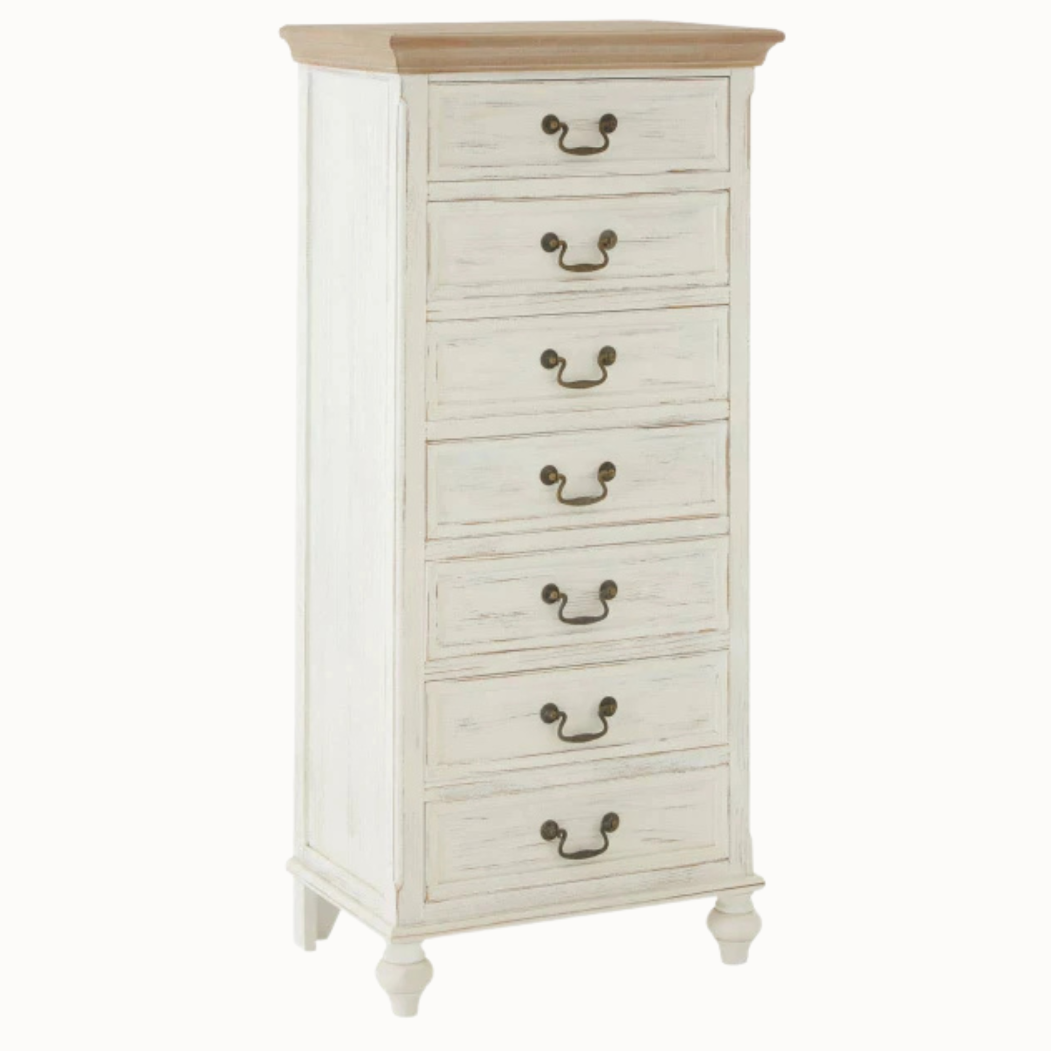 Coralie washed ivory 7 drawer tallboy with natural wood top, metal handles and turned feet on a white background.
