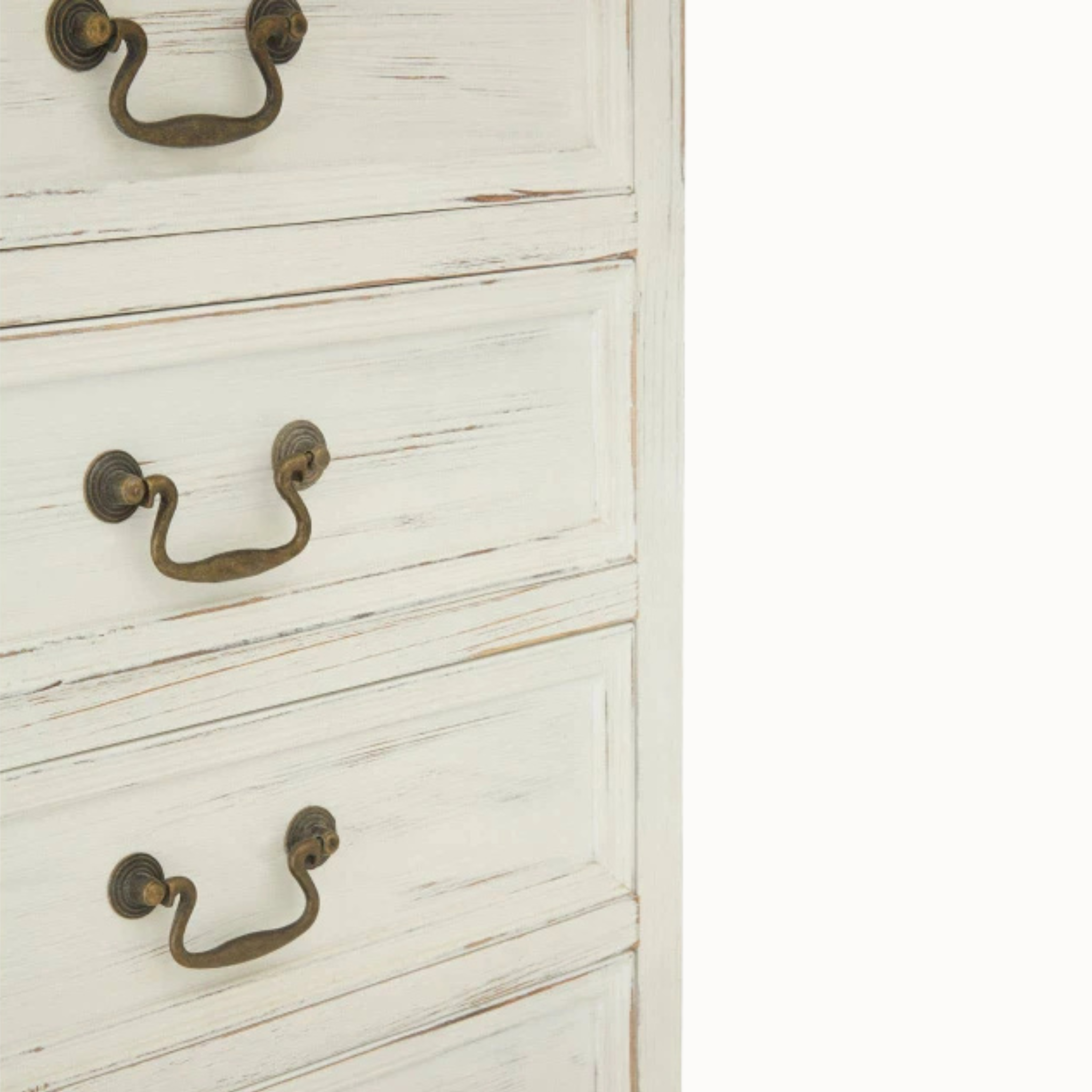 Close-up of Coralie washed ivory tallboy drawers with distressed wood finish and antique metal handles on white background.