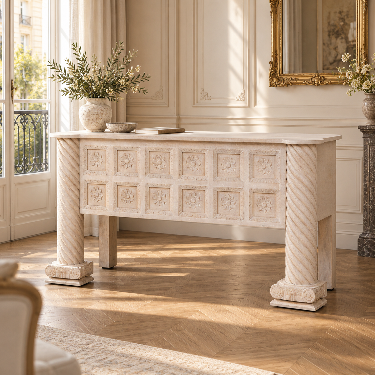 Delphine carved mango wood reception desk with storage in a sunlit Parisian interior with fireplace and tall windows.