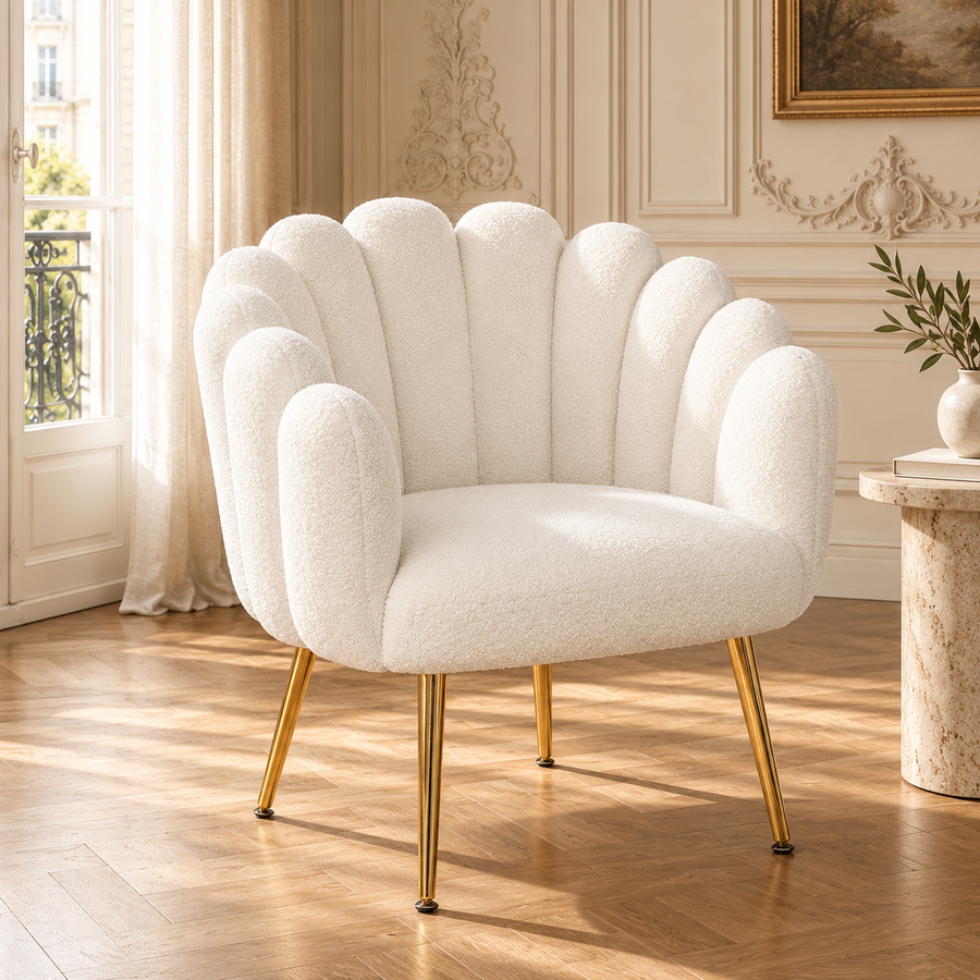 Elara Scalloped White Bouclé Dining Chair with Gold Metal Legs