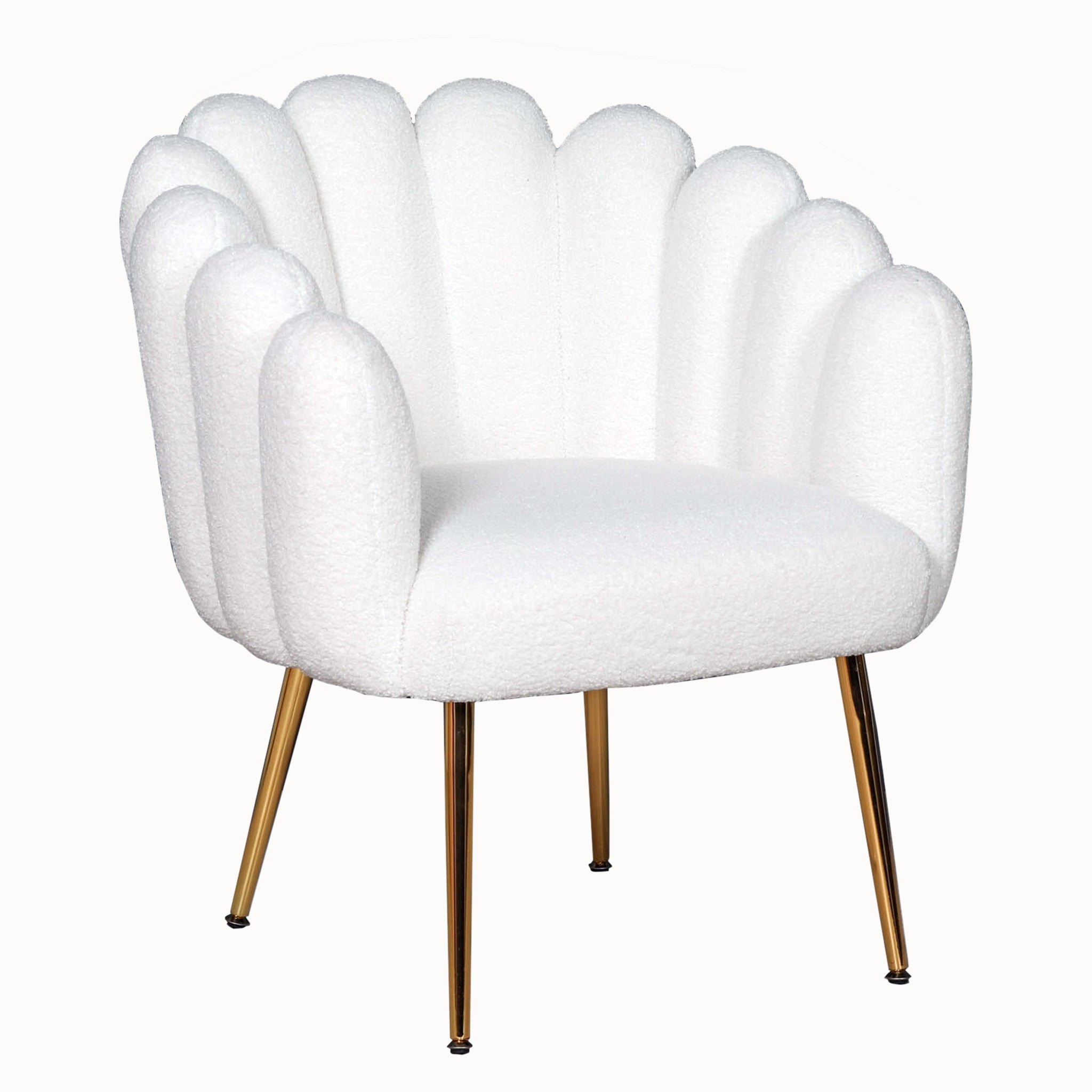 Three-quarter front view of the Elara Scalloped White Bouclé Dining Chair with Gold Metal Legs featuring luxurious white bouclé upholstery, sculptural scalloped shell back, generously padded seat and polished gold metal legs.