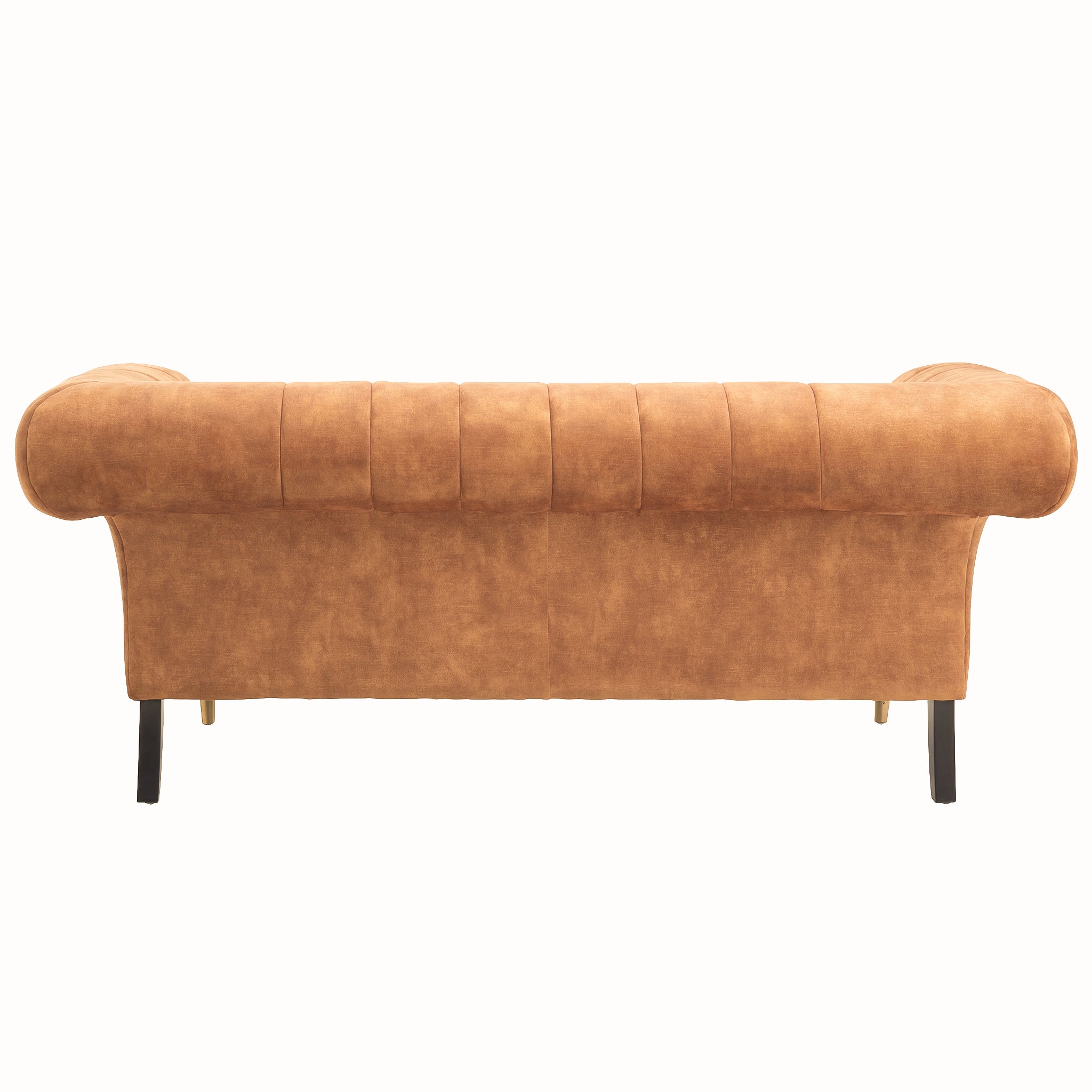 Full rear view of the Elara Two Seat Sofa in Gold Velvet Upholstery highlighting the curved upholstered back, channel stitched detailing and elegant contemporary silhouette.