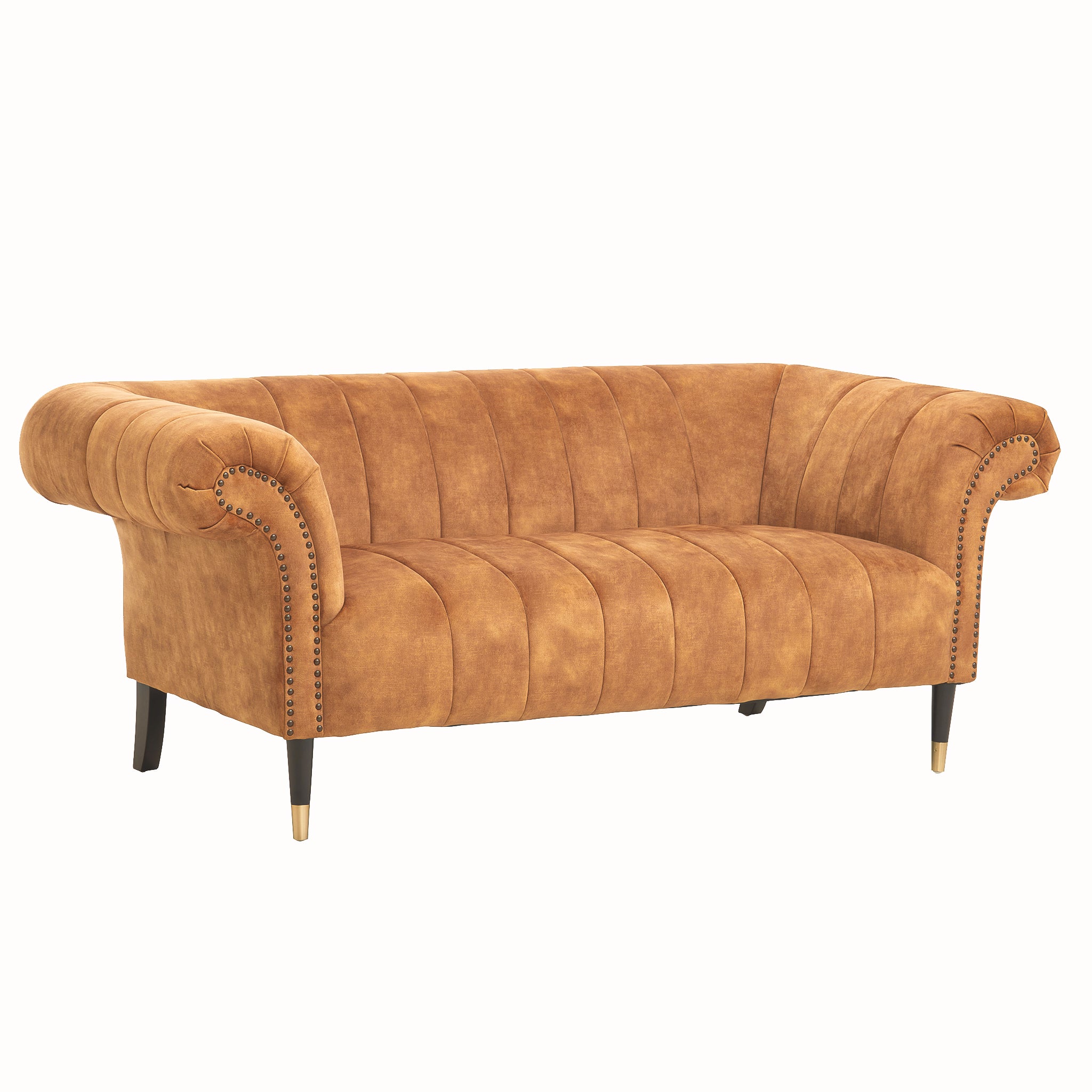 Three-quarter front view of the Elara Two Seat Sofa in Gold Velvet Upholstery showcasing curved scroll arms, vertical channel tufting, bronze nailhead detailing and tapered legs with brass-effect feet.
